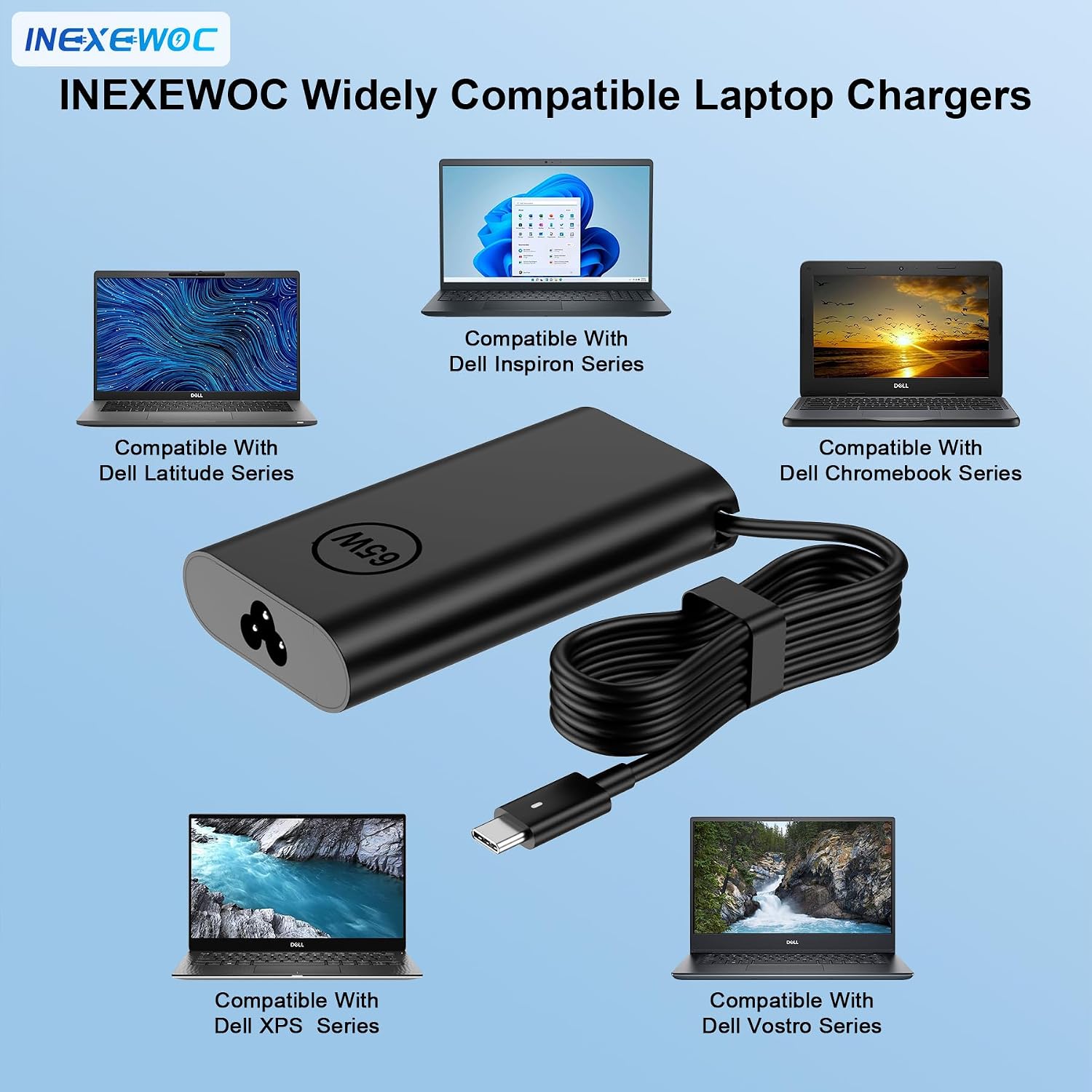 65W Watt USB Type C Laptop Charger Compatible with Dell Latitude 5420 5440 5520 5430 5450 5540 5550 7420 7440 7430 9250 XPS 12 13 9250 9350 9380 9370 9360 Chromebook 3100 Power Cord Adapter