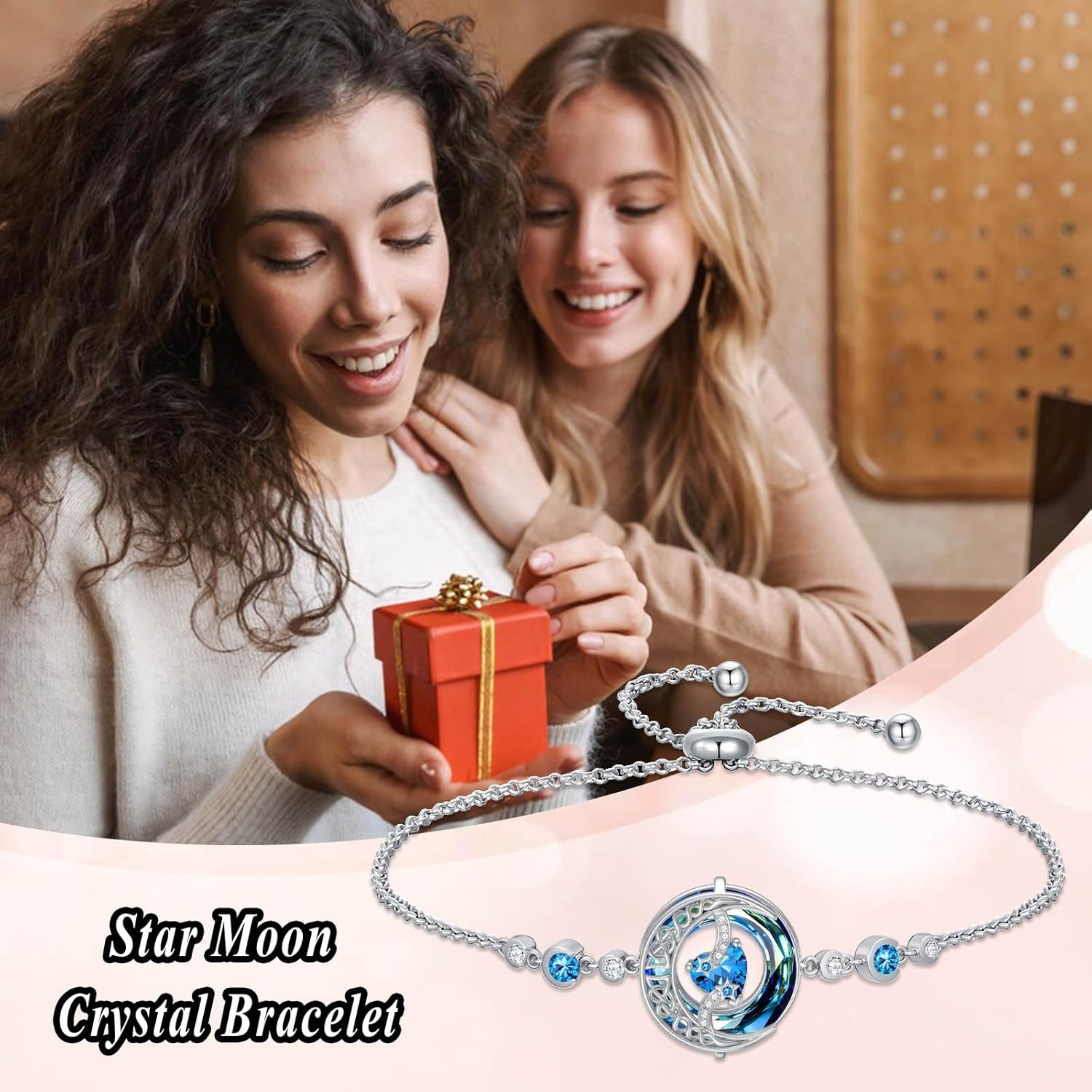 TOUPOP Birthstone Bracelet for Women 925 Sterling Silver Moon and Star Bracelet with Blue Crystal Jewelry Valentines Day Birthday Gifts for Her Wife Mom - Image 3