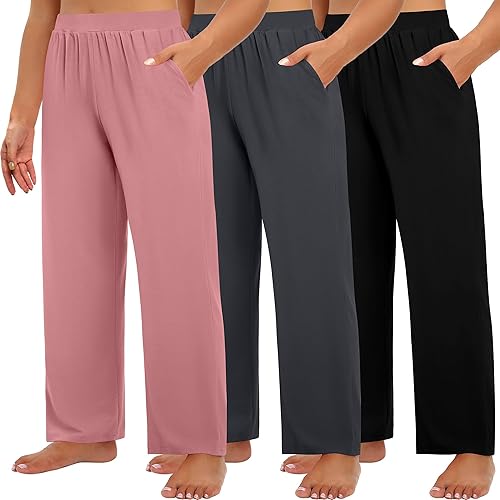 Huukeay 3 Pack Women's Plus Size Pants, High Waisted Wide Leg Pants Casual Pajamas Pants Loose Yoga Sweatpants with Pockets