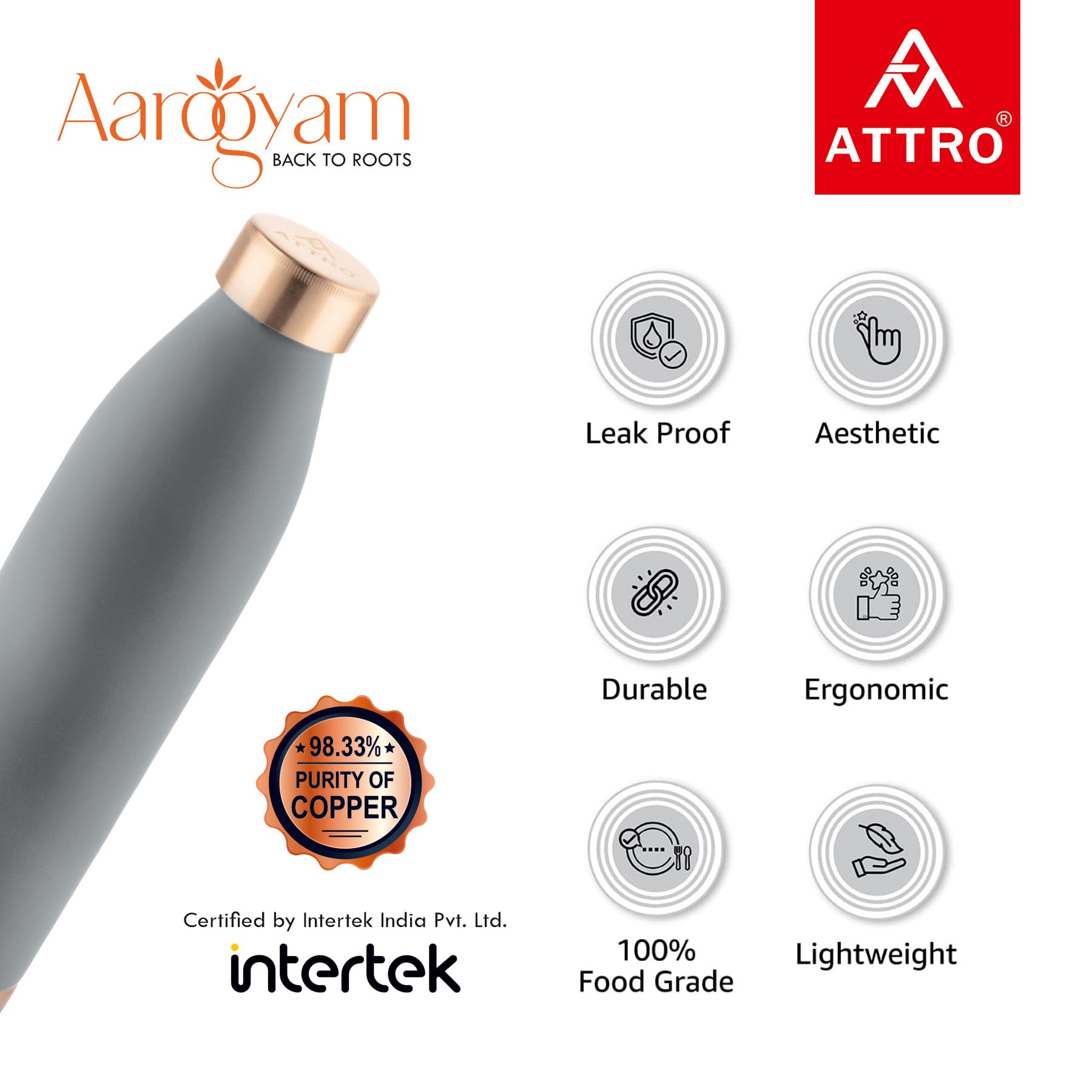 Attro Copper Water Bottle - 1000ml -4