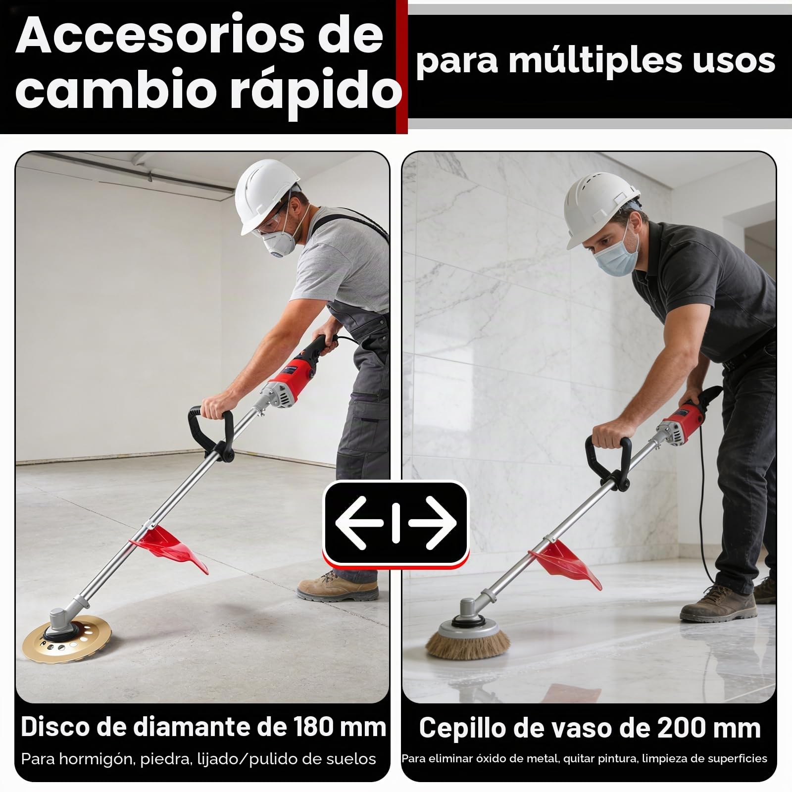Amoladora de Hormigón Eléctrica de 1,5 M, Lijadora de Hormigón Eléctrica 2800W, Pulidora Suelos, Lijadora de Paredes y Techos, con Plato Lijador 180 mm, Cepillo 200 mm, Para Paredes y Metal