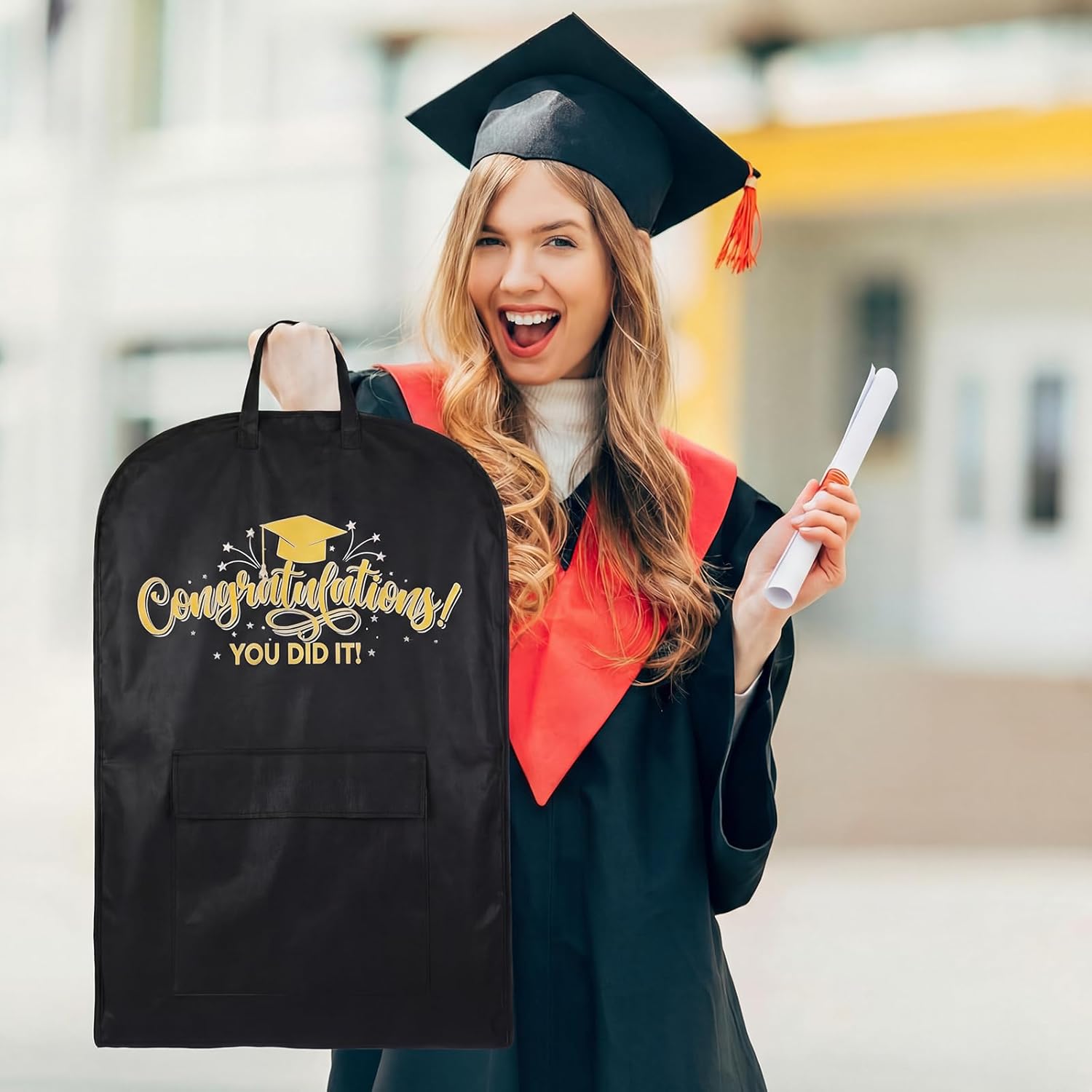 Abbylike 66''x24'' Graduation Academic Garment Bag with Handles and Cap Pocket Breathable Graduation Gown Bag Fabric Dress Bags for Hanging Gowns Long Closet Clothes Protector, Black(You Did It)