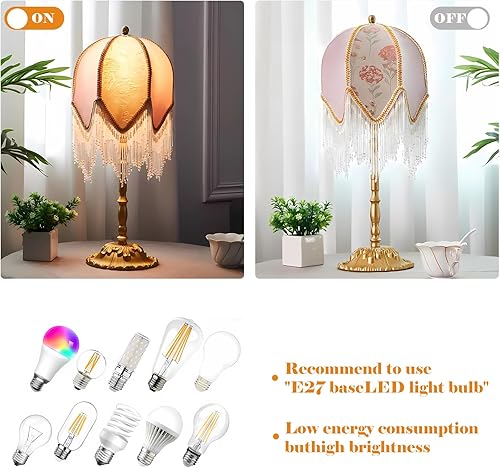 Miniatura 5 de American Retro Pink Table Lamp, Handmade Custom Beaded Tassel Desk Lamp, Victorian Style, for Bedside Bedroom Living Room Study Room Home Office