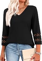 XIEERDUO Women's 3/4 Sleeve V-Neck Lace Blouse Trendy Casual Tops Summer 2025 Work T-Shirts