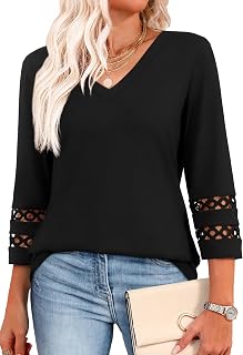 XIEERDUO Women's 3/4 Sleeve V-Neck Lace Blouse Trendy Casual Tops Summer 2025 Work T-Shirts