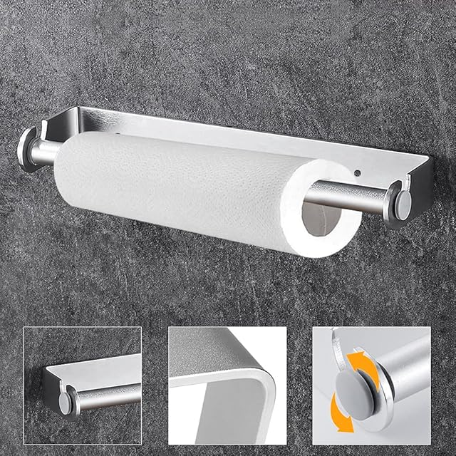 WANTOUTH Kitchen Roll Holder Self Adhesive Kitchen Paper Towel Holder Under Cabinet Aluminum Wall Mounted Kitchen Paper Rack for Home Hotel Kitchen Bathroom Toilet, No Drilling & Easy Tear(Silver)