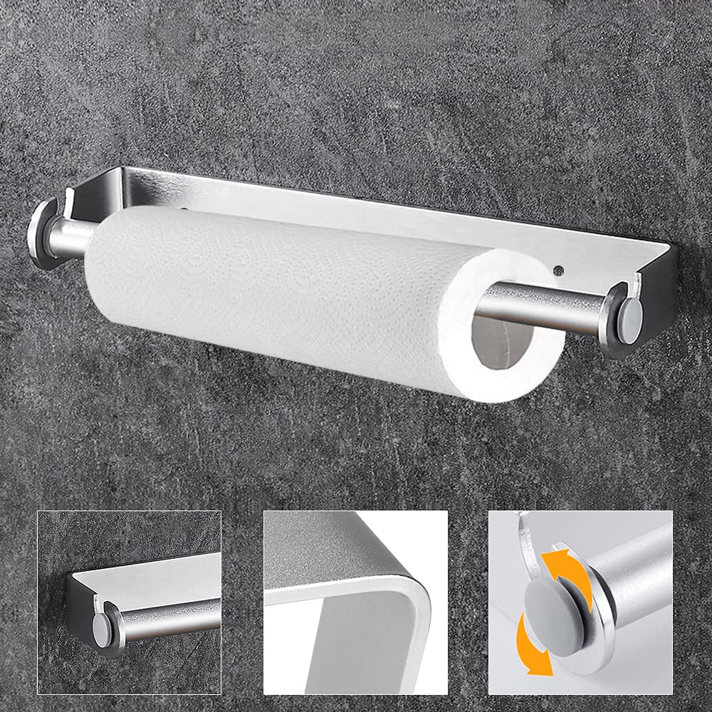 WANTOUTH Self Adhesive Kitchen Paper Towel Holder - Aluminum Wall Mounted Under Cabinet Paper Rack for Home, Hotel, Bathroom & Toilet - No Drilling & Easy Tear (Silver)