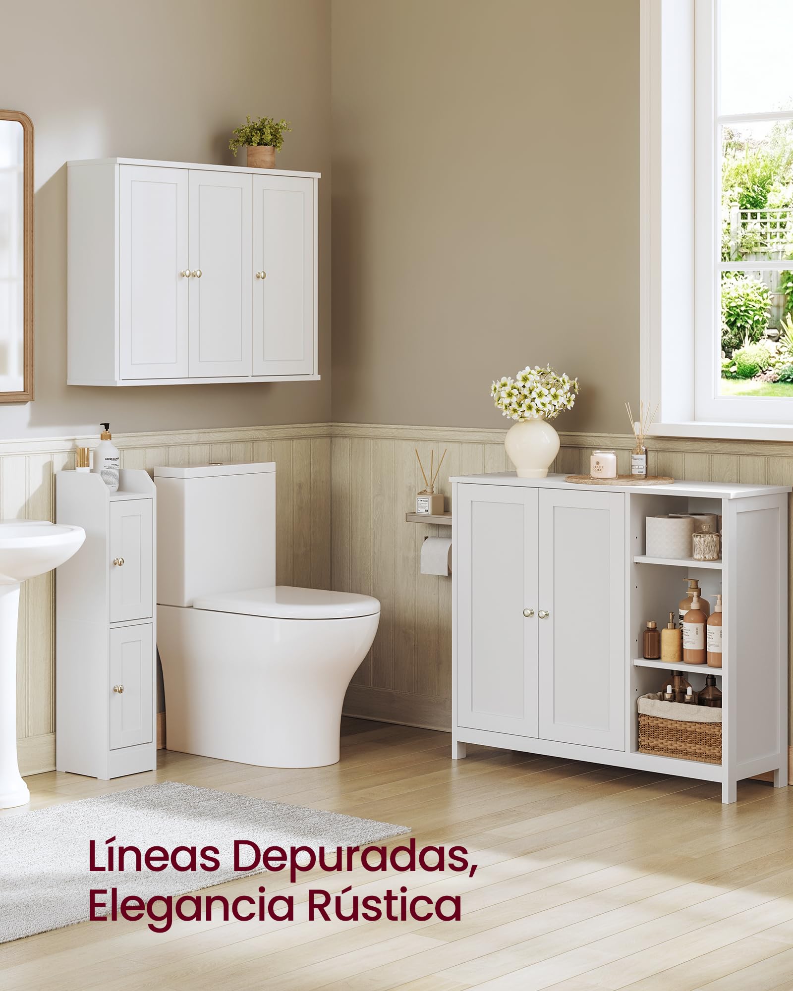 VASAGLE Mueble de Baño, Armario de Suelo de MDF con 2 Puertas y 3 Estantes Abiertos, Estantes Ajustables, 90 x 30 x 80 cm, para Baño, Salón, Blanco Nube, Colección Siren BBK070WB01