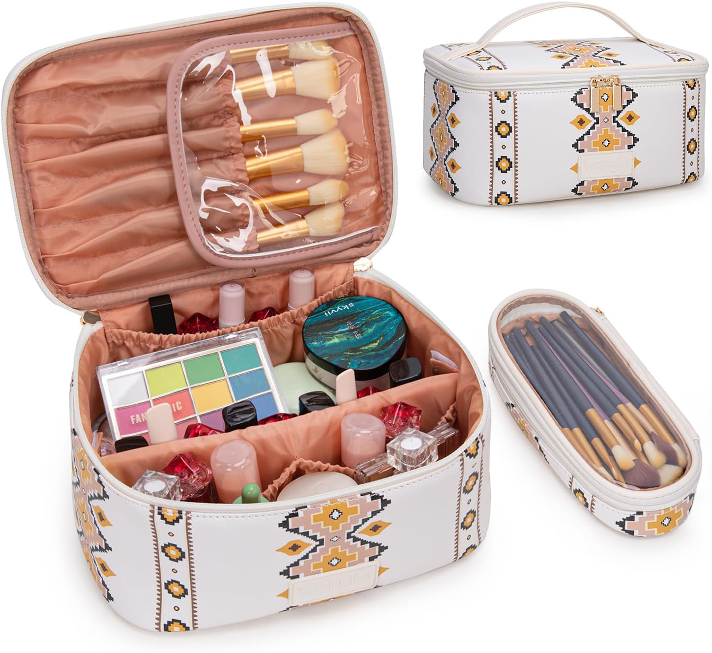 Montana West X Wrangler Travel Makeup Bag 2pcs Set Large Cosmetic Bag with Makeup Brush Holder Portable Make Up Organizer Cute Toiletry Bag with Divider and Handle for Women Aztec