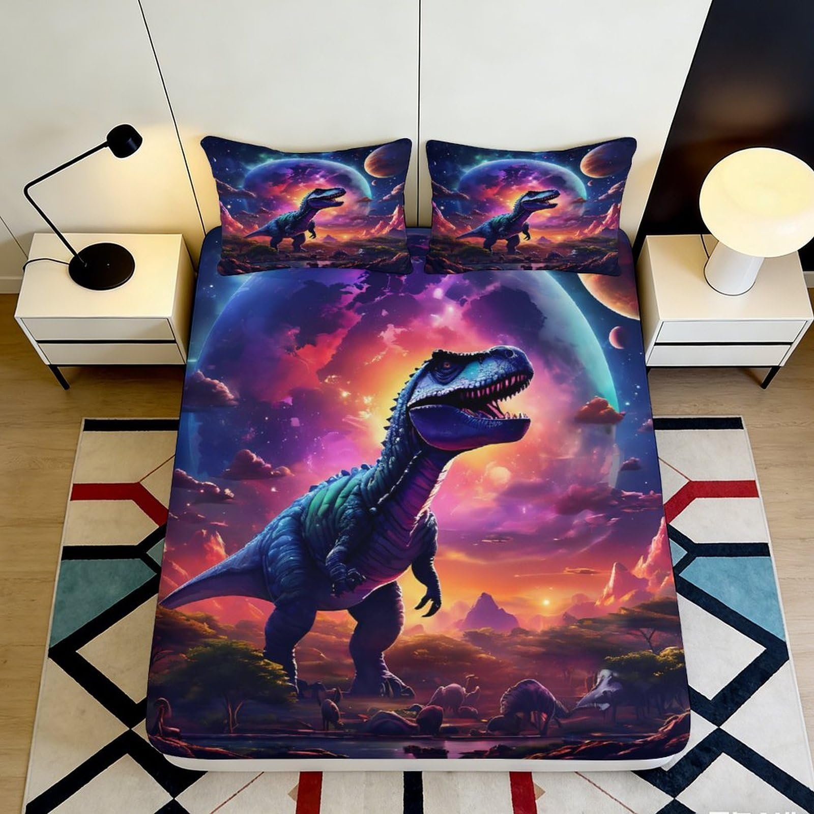 3D Printed Dinosaur Galaxy Fitted Sheet Microfiber Soft Breathable Cosmic Night Sky Mattress Cover for Bedroom Dorm Dormitory Guest Room Protection 200x200x25cm