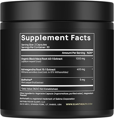 Miniatura 2 de ELMNT 40,000 mg 40 veces fuerza orgánica raíz de maca negra con Ashwagandha - Cápsulas de raíz de maca negra #1 de mayor potencia para hombres