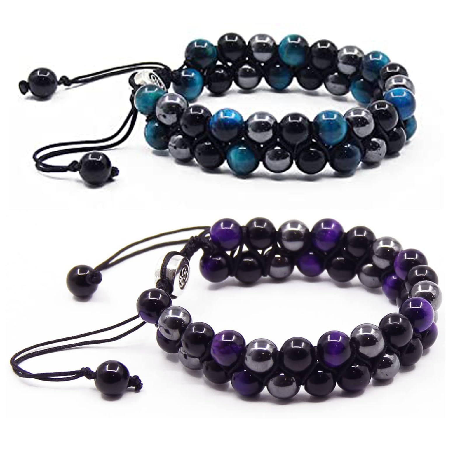 Triple Protection Bracelet for Men, 8mm Crystal Natural Healing Beaded Bracelets for Women, Blue Tiger Eye Hematite Stone Black Obsidian Bracelet, Anxiety Relief Bring Luck Confidence Happiness (Bring Prosperity)