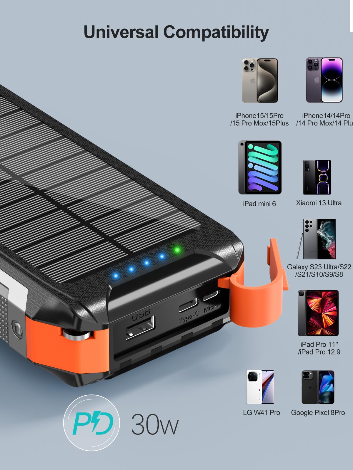 Power Bank Solare 26800mAh, Solare Powerbank Ricarica Rapida 30W | Caricatore Portatile Wireless con 4 Cavi Integrati,3 Porte 7 Uscite, LED Torcia,Batteria Portatile per Campeggio e Outdoor