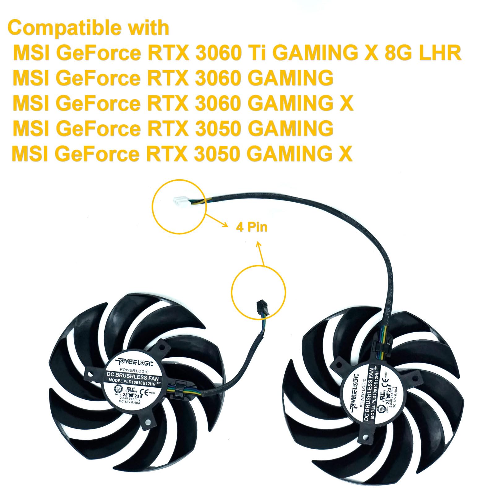 Ventilateur de rechange pour carte graphique compatible avec MSI GeForce RTX 3060 Ti GAMING X 8G LHR, 3060 GAMING/X, 3050 GAMING/X, PLD10010B12HH, 2 roulements à billes, 95 mm