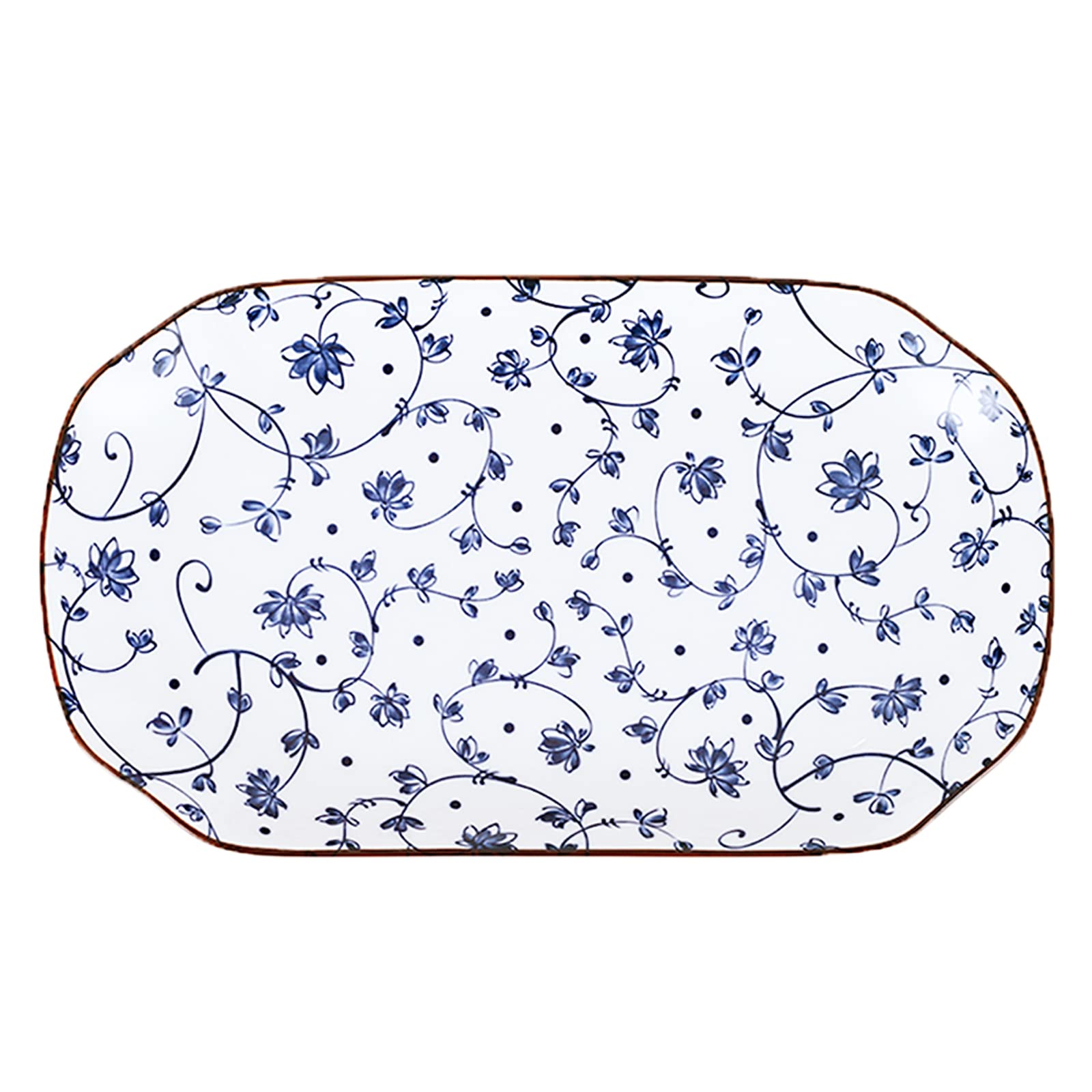 Gegong Plato de pescado de porcelana azul y blanco de 30,48 cm para servir plato floral de cena poco profunda, aperitivo, ensalada, postre y merienda