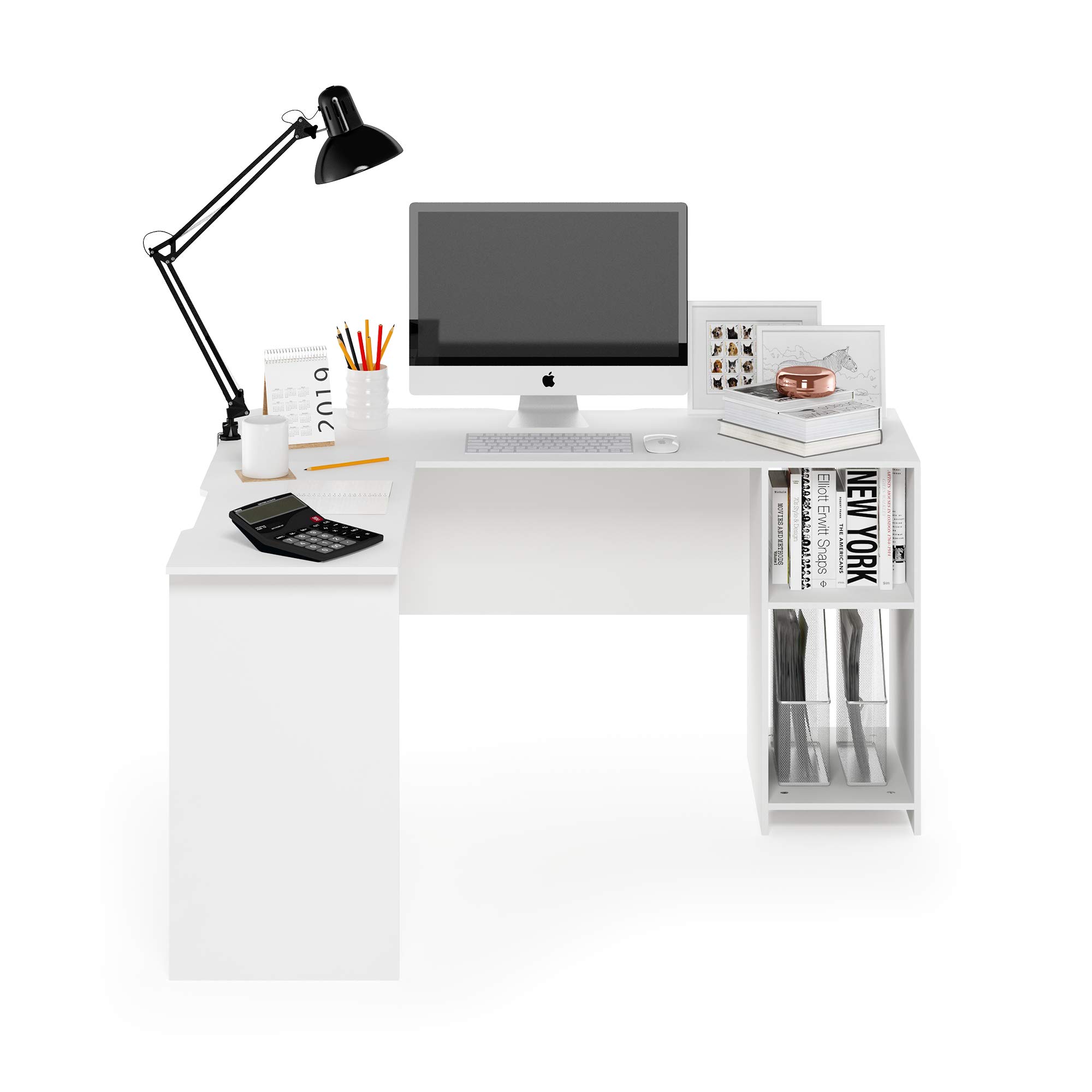 Furinno Indo L-Shape Escritorio, Madera, Blanco, 125.9 x 135.9 x 72 cm