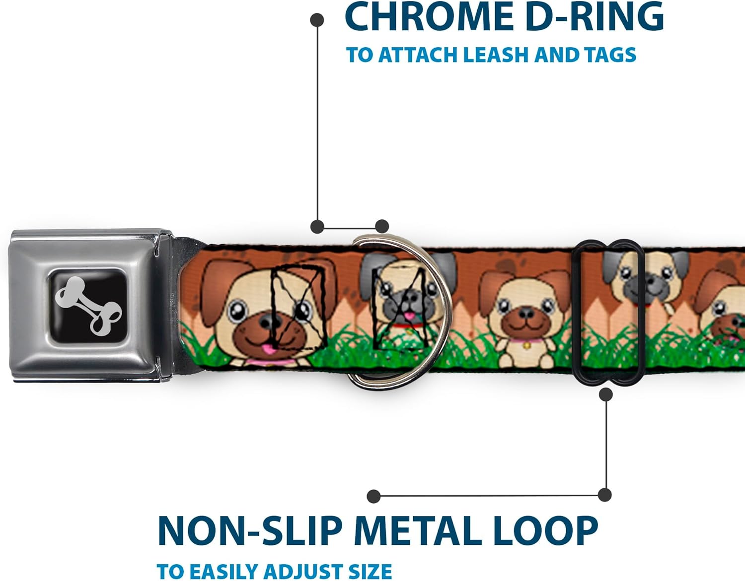 Dog Collar Seatbelt Buckle Pug Puppies Paw Prints Browns Greens 13 to 18 Inches 1.5 Inch Wide
