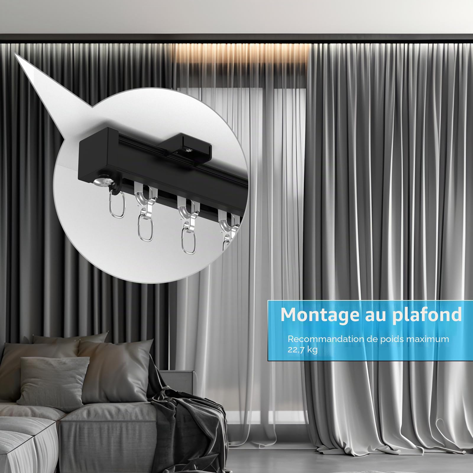 Rail de rideau de plafond et mural 4x40cm(160cm)- Facile à installer - Rail de rideau coulissant lisse - Montage au plafond et au mur - Tringle à rideaux robuste - Noir