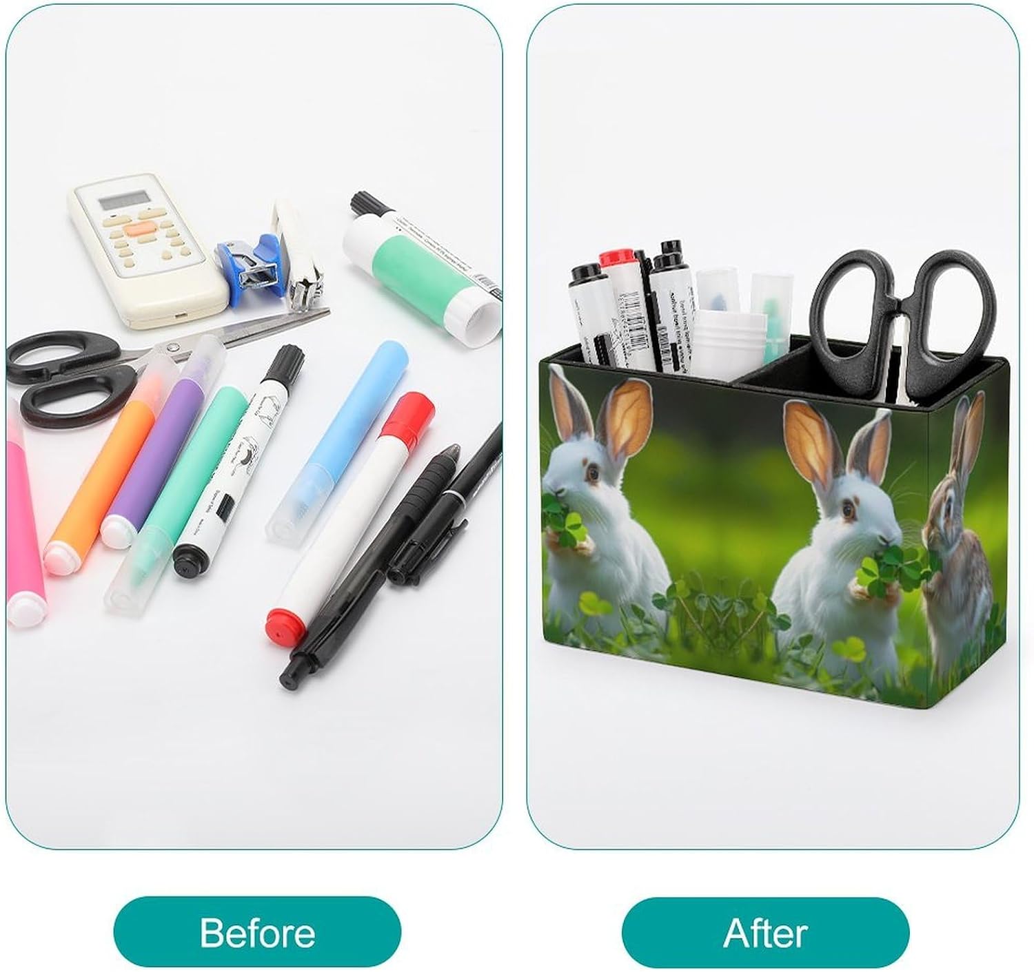St-Patrick's-Days Rabbit Shamrock Pencil Pen Holder PU Leather Desk Storage Organizer Makeup Brush Box