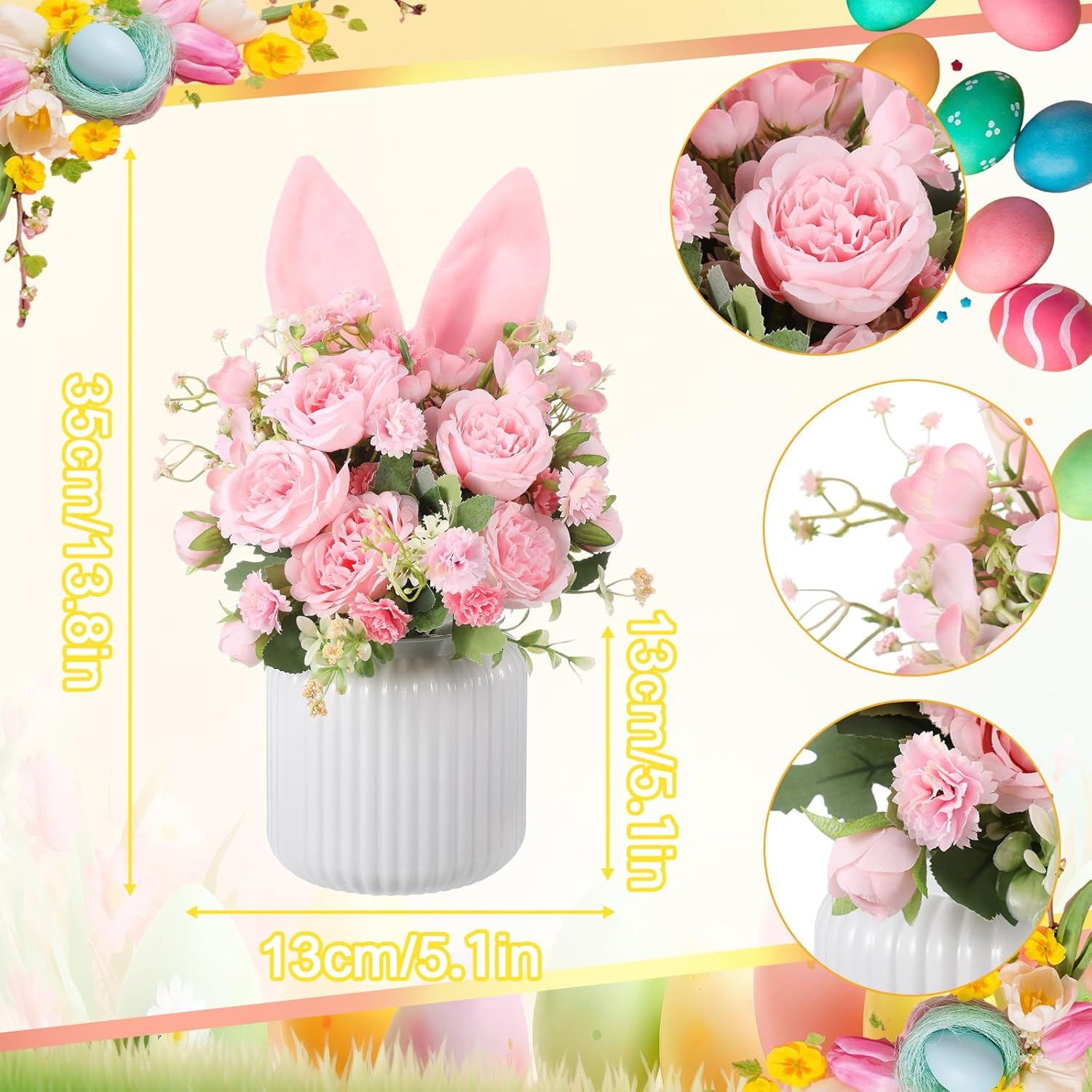 Yookeer Spring Easter Table Centerpiece Decorations Artificial Flower Bunny Ear and Vase Table 13.8 x 5.1 Inches Pink Spring Centerpieces Plush Rabbit Decor for Dining Room Home Office