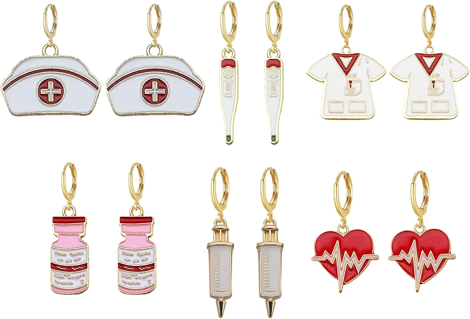 6 Pairs Nurse Day Stethoscope Heart Shape Dangle Hoop Huggie Earrings Cute Medicine Pills Earring For Women Set