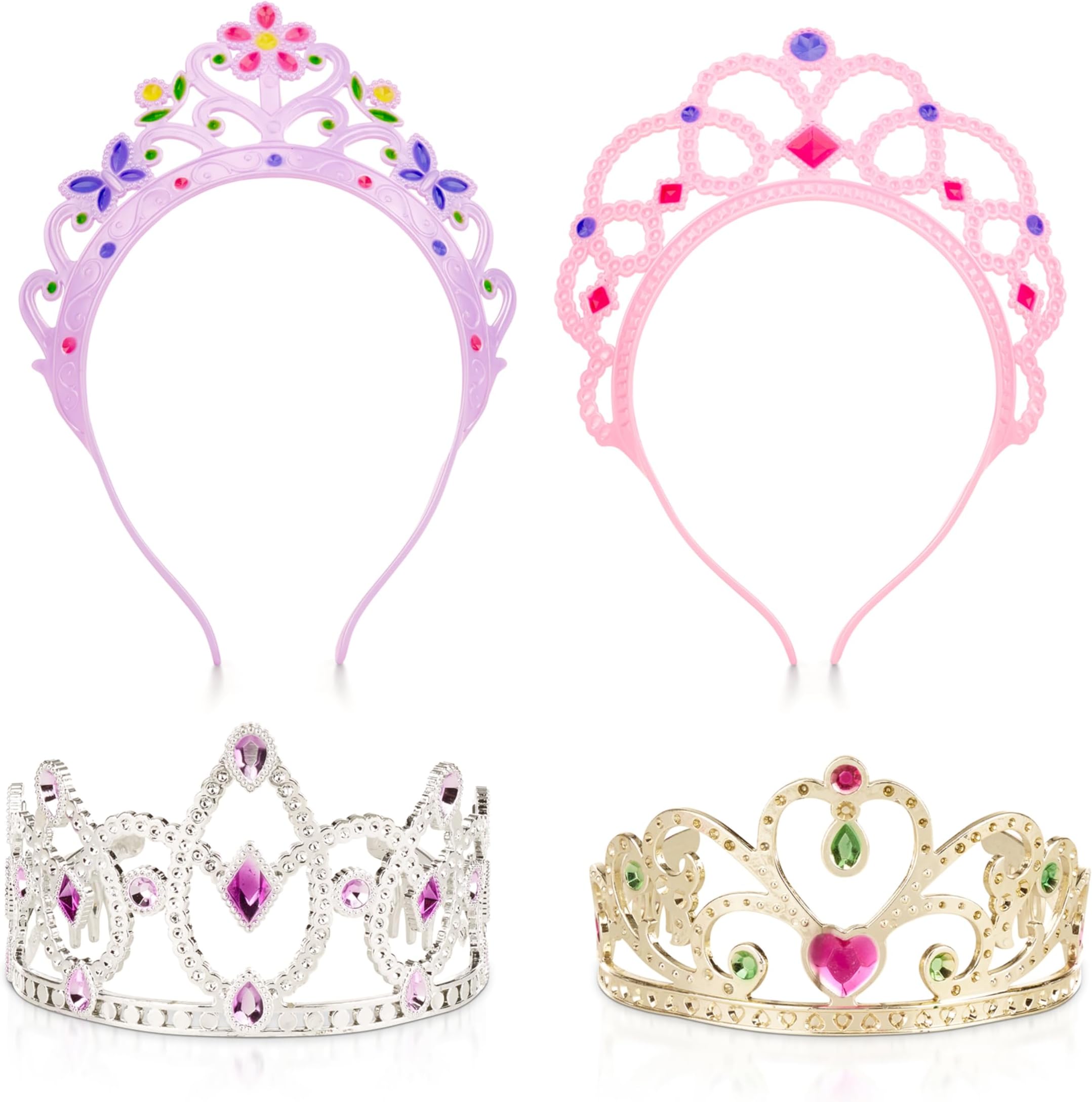 Dress-Up Tiaras – Pretend & Play Princess Crowns with Jewels – 4 Tiaras in Gold & Silver Styles – Role-Play Accessories for Imaginative Costume Fun for Kids Ages 3+ | MD8525