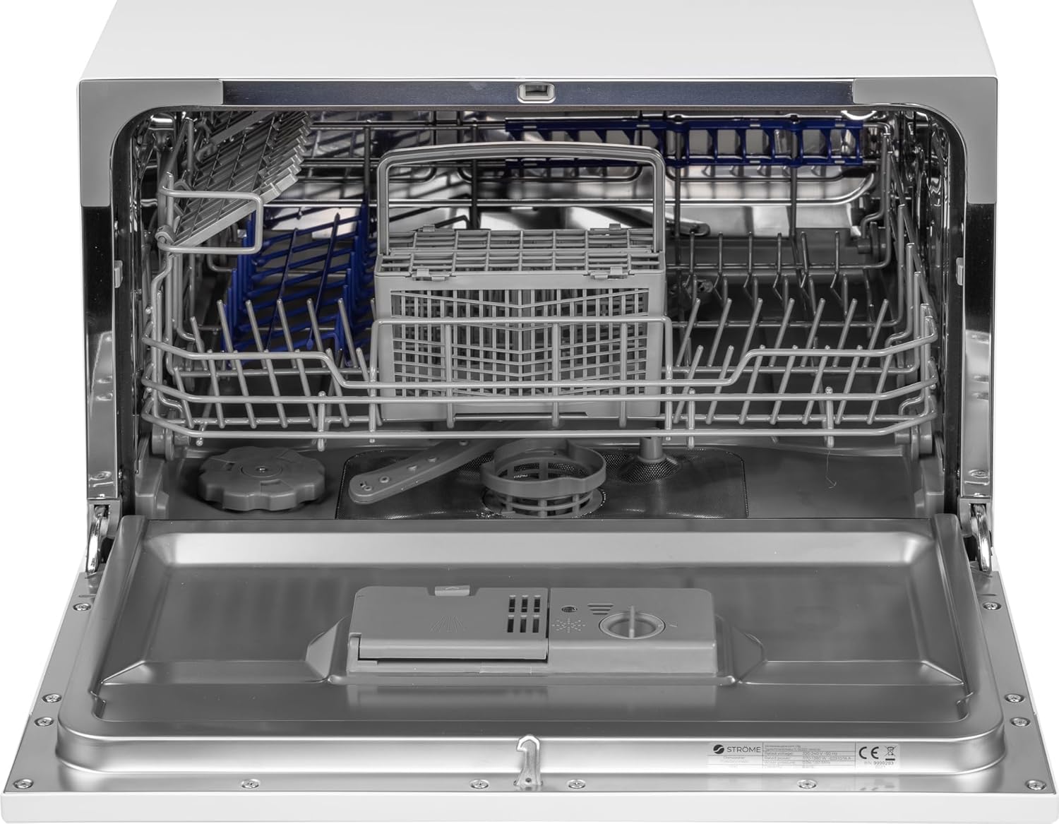 Interior view of the Ströme TDW55C01 dishwasher with racks and cutlery basket