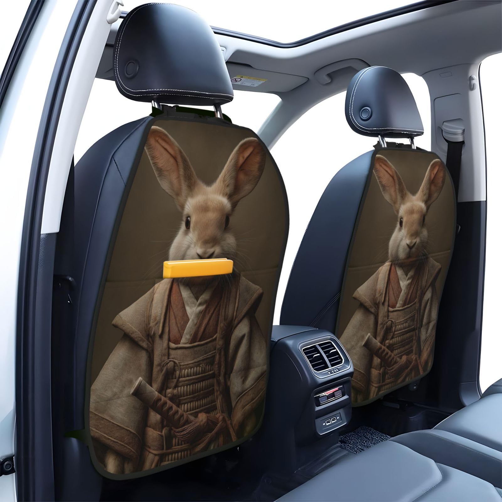 Funny Rabbit Samurai Sword Car Seat Back Kick Protectors,2 Pack Kick Mats With Storage Pockets For Vehicles To Protect From Dirt Mud Scratches