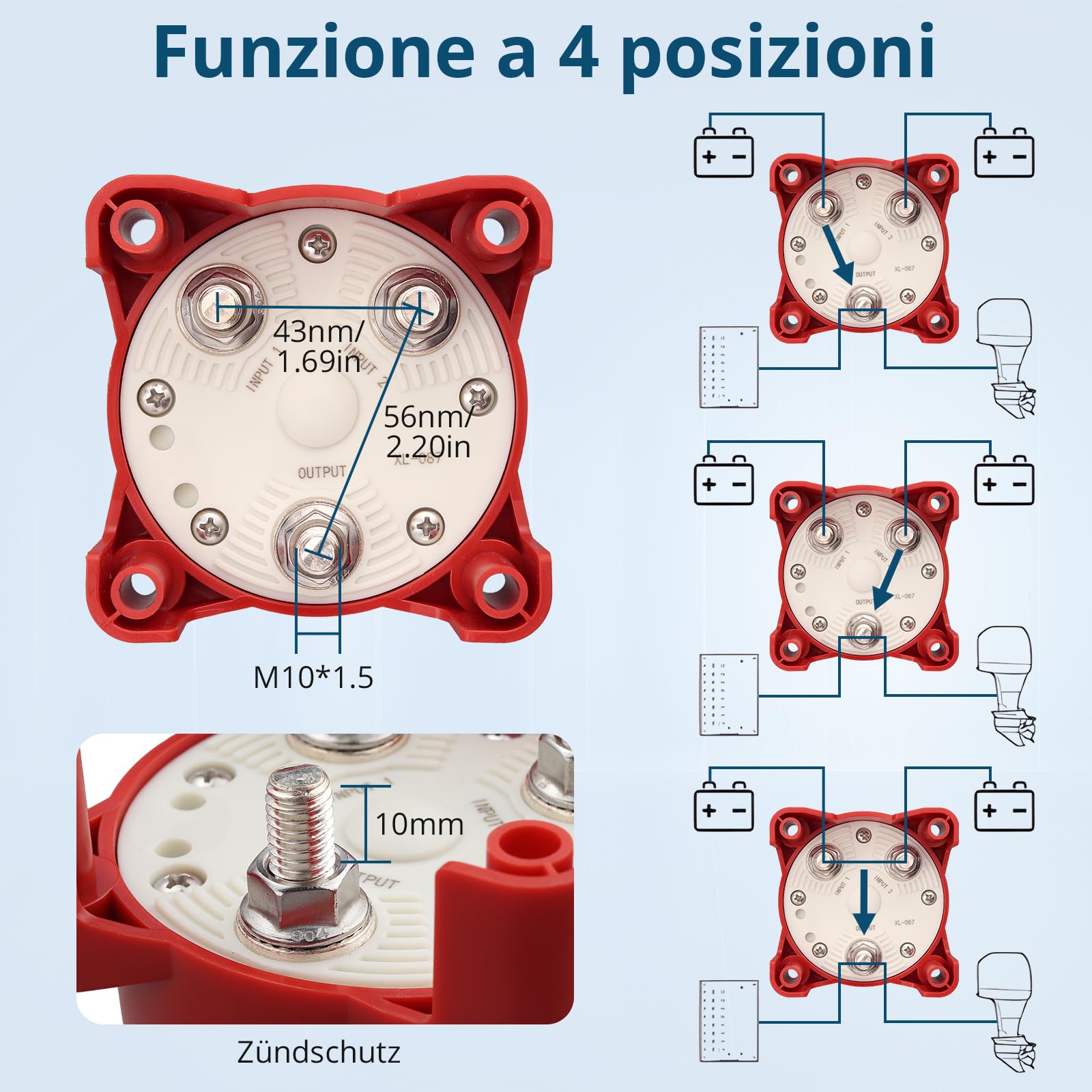 Interruttore Stacca Batteria 12V 24V 32V 350A per Auto, Camper, Barca, Selettore Staccabatteria On/Off 4 Posizioni, Nucleo in Rame Argentato, Impermeabile IP65, Adatto al Bullone M10
