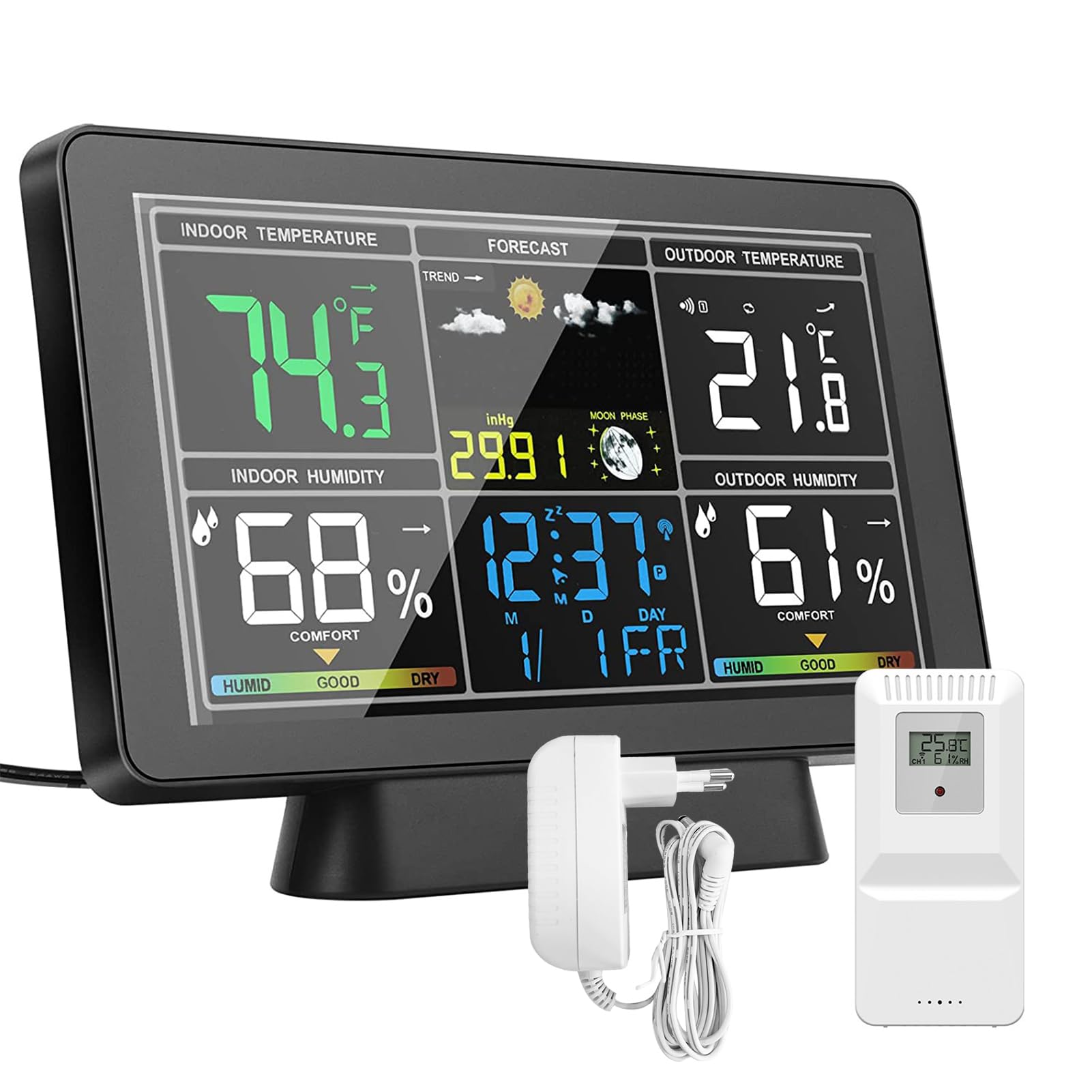 Stazione meteorologica con schermo a colori con display LCD da 7,5 pollici, termometro per interni ed esterni e misuratore di umidità con fasi lunari, pressione atmosferica e