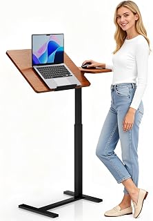 Simple Deluxe Standing Rolling Desk with Hidden Casters, Height Adjustable Pneumatic Mobile Laptop Desk, Tilting Bedside Table for Laptop, Overbed Bedside Table Hospital Home Use, Brown