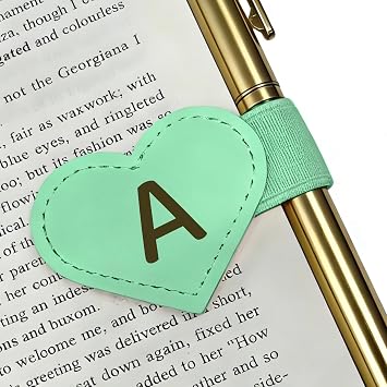 MOTEERLLU Magnetic Leather Bookmark with Pen Holder,Custom Heart-Shaped Bookmarks with Initial for Reading Women,Men,Teachers,Book Lovers GiftsGreen A