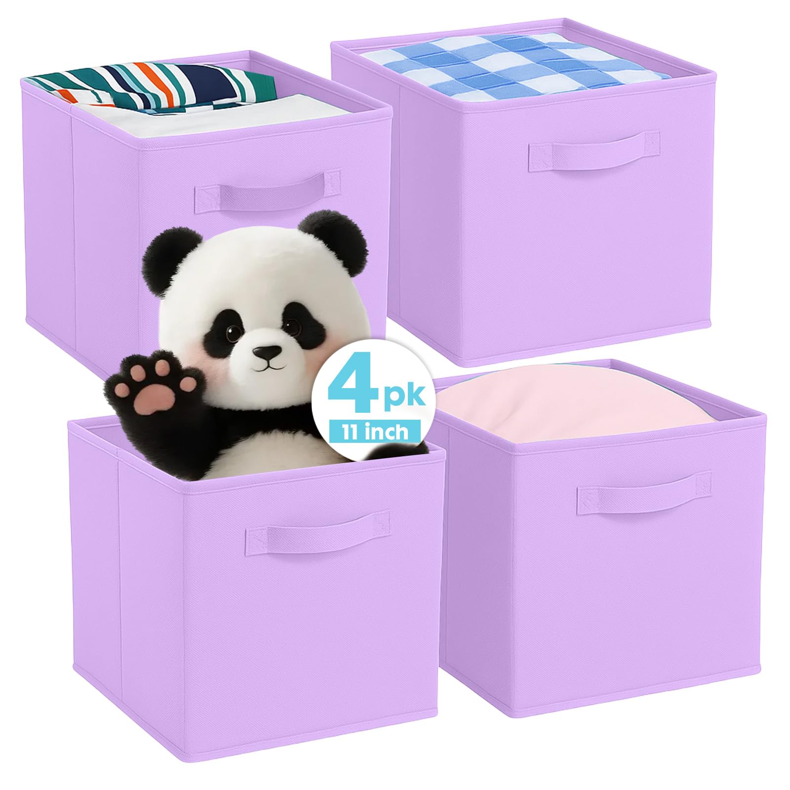 Pinkgarden Storage Box, Collapsible Fabric Storage Cube with Handles for Home, Kids Room, Closet and Toy Organization,Pack of 4, 33 x 33 x 33 cm, Purple
