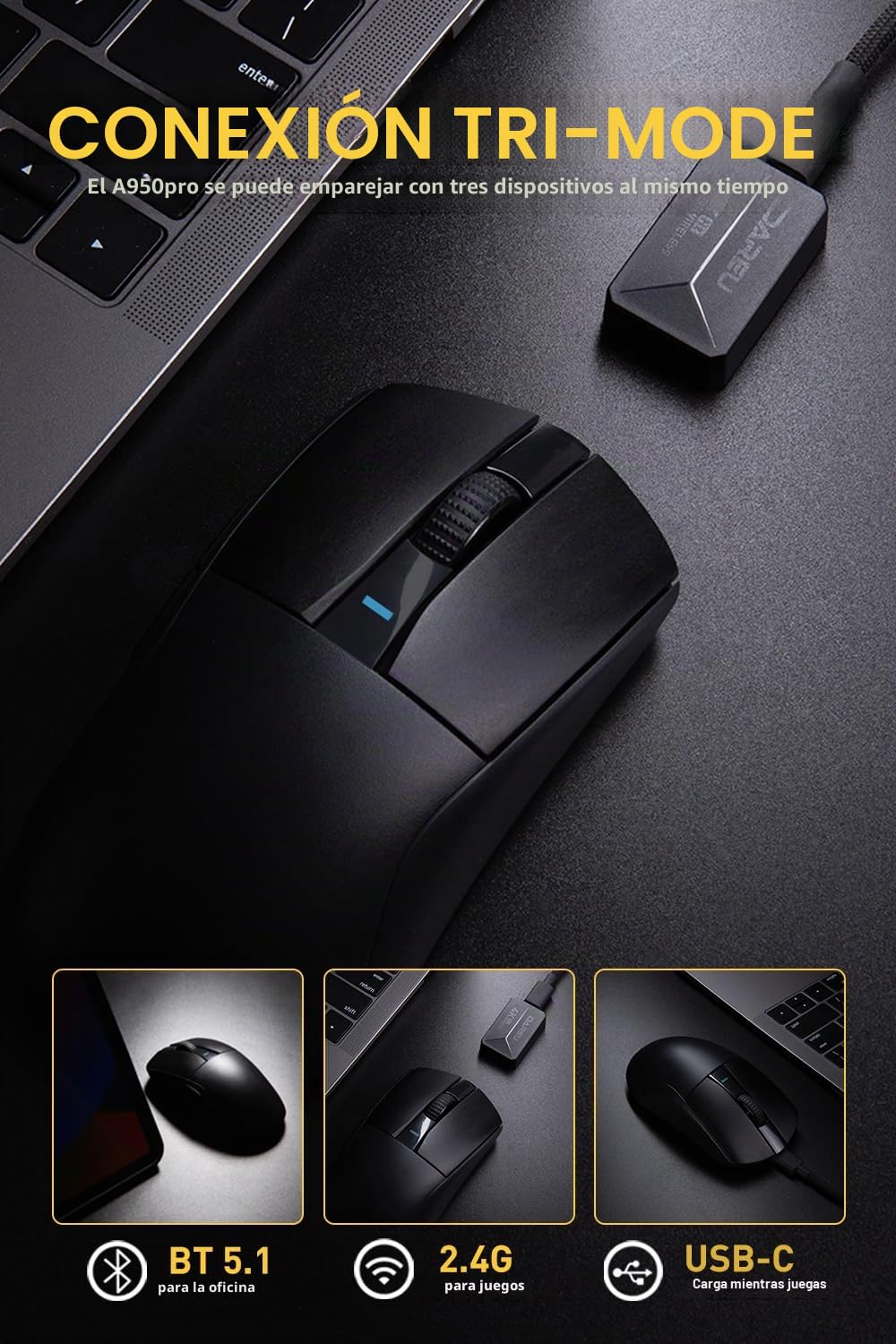 DAREU A950pro Raton inalambrico Gaming 4K 55 g, Ultraligero, tasa de sondeo de 4 KHz, Sensor óptico PAW3395, 26K dpi, 5 Botones programables, soporta Carga rápida de 15 Minutos y conexión de