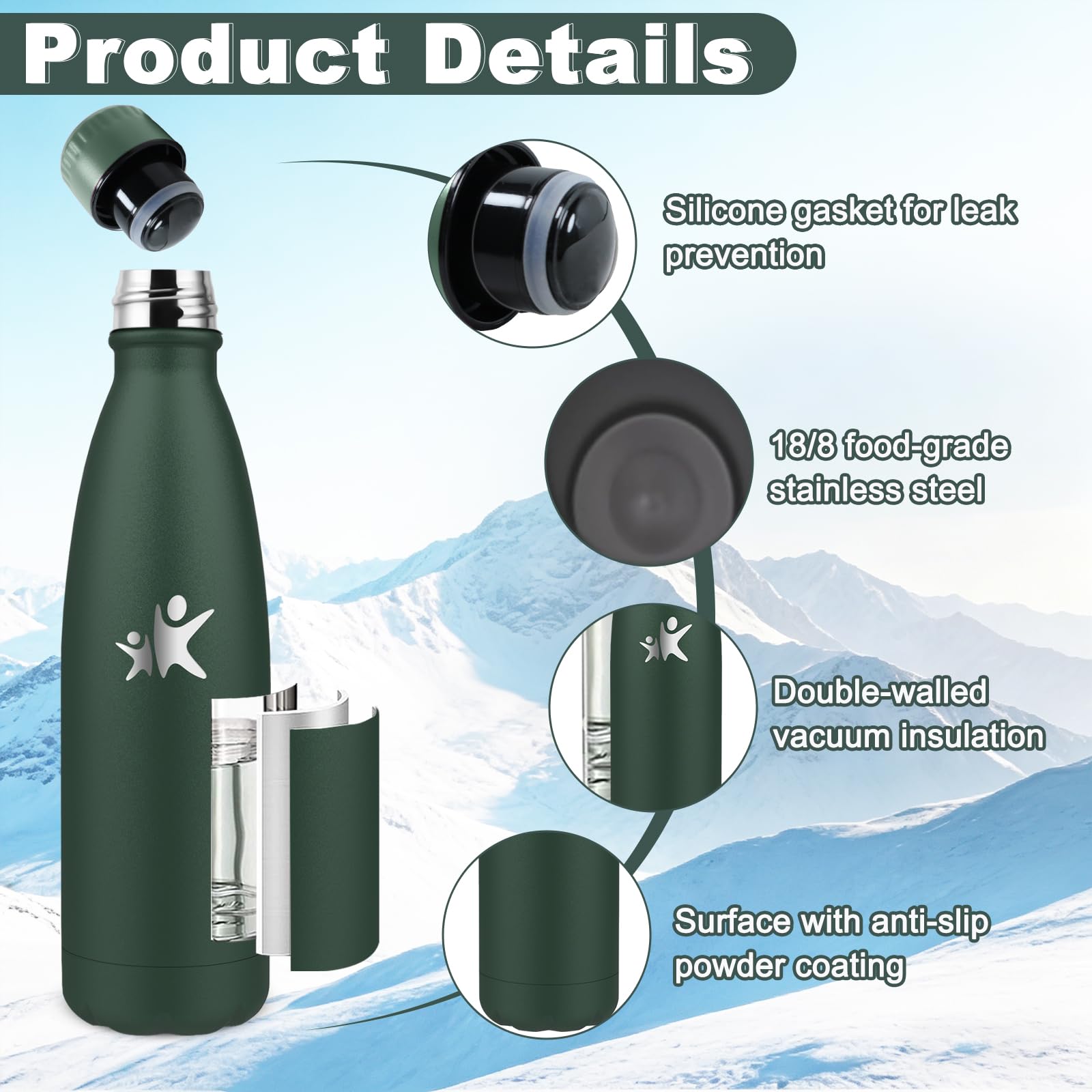 Borraccia- 0.75l- Borraccia Termica, Senza BPA, Borracce Acciaio Inox, Senza Perdite, Boraccia Termica, Thermos per Bevande Fredde o Calde, Borracce per Scuole, Viaggio, Sportio, Palestra