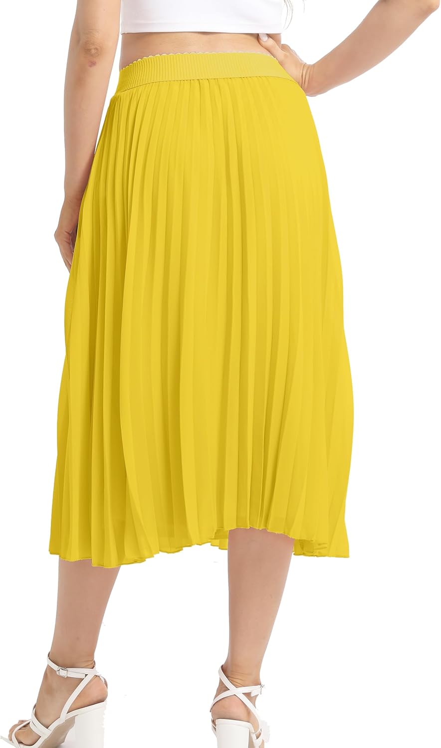 Womens Chiffon High Waist Skirt Pleated A-Line Swing Elastic Shirring Midi Length - Image 7