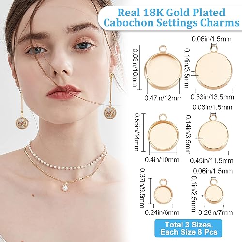 Miniatura 2 de Beebeecraft 24 bandejas colgantes redondas de bisel en blanco de 6100.472 in, chapado en oro de 18 quilates, configuración de base de cabujón, dijes