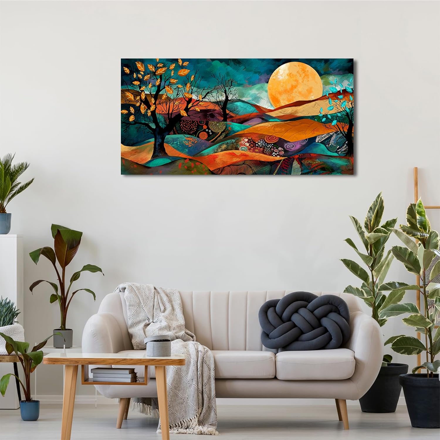 VEAEE Abstract Mountain Wall Art,Mid-Century Modern Canvas Prints,Boho Wall Decor,Moon Nature Artwork Watercolor Landscape Painting for Bathroom Bedroom Living Room Home Decor Framed 20"x40"