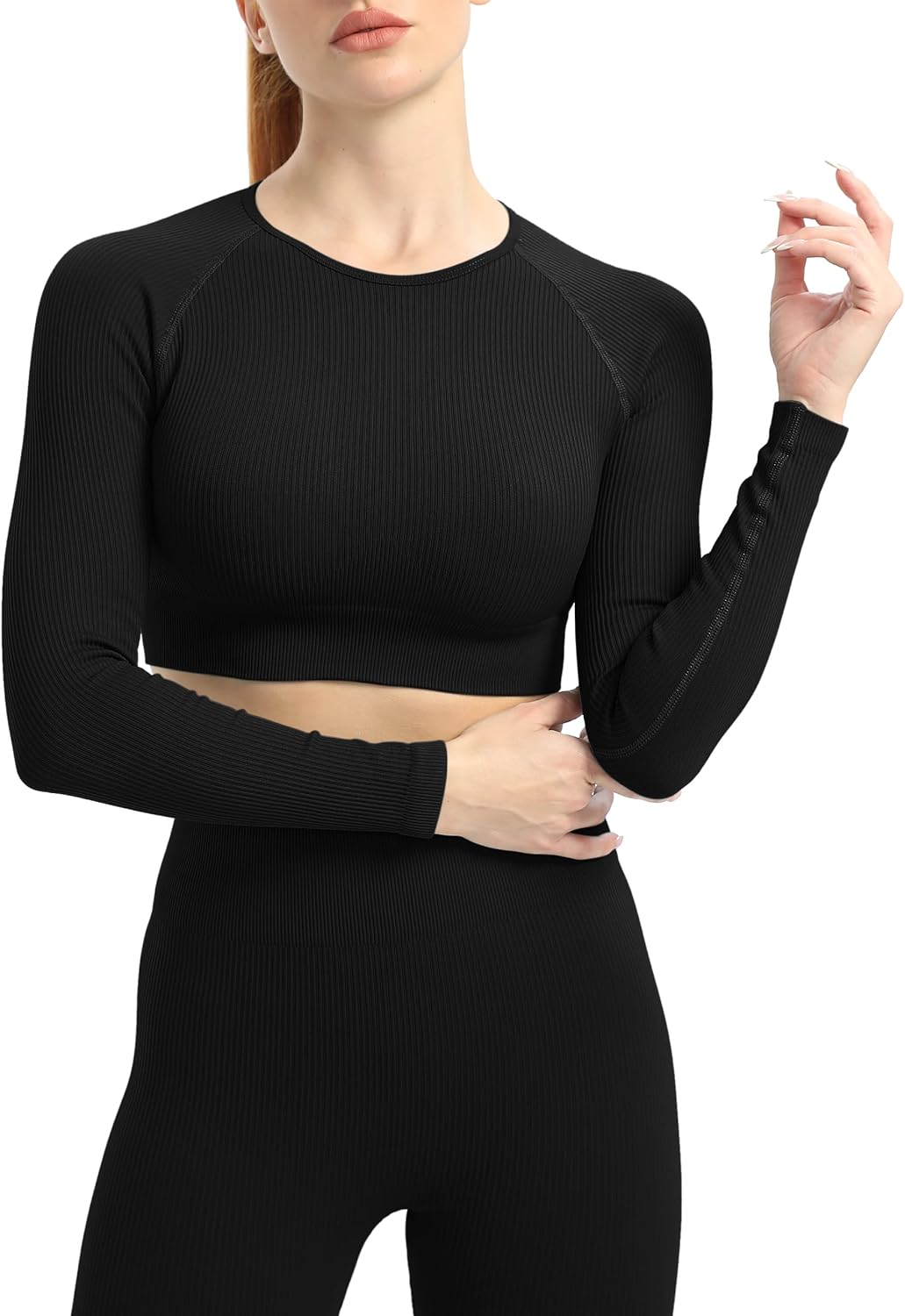 VALANDY Women's Long Sleeve Crop Tops Seamless Workout Shirts Fitted Crewneck Ribbed Basic Tight Tees
