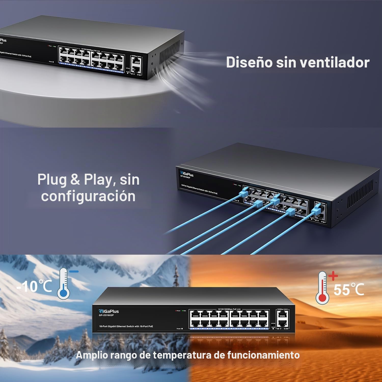 18 Port Gigabit PoE Switch with 16 Port PoE+ 1000Mbps, 2x1000Mbps Uplink, GiGaPlus 18 Port IEEE802.3af/at PoE @250W, Support VLAN, Metal Housing, Desktop or Wall-Mount, Plug & Play
