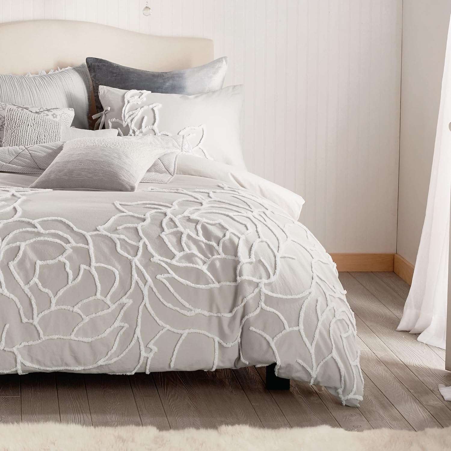 Tufted Duvet Cover, 100% Cotton 3PC Grey Boho Comforter Cover Set, Super King Size Soft and Lightweight Duvet Cover (Grey, Super King), LE-TD50