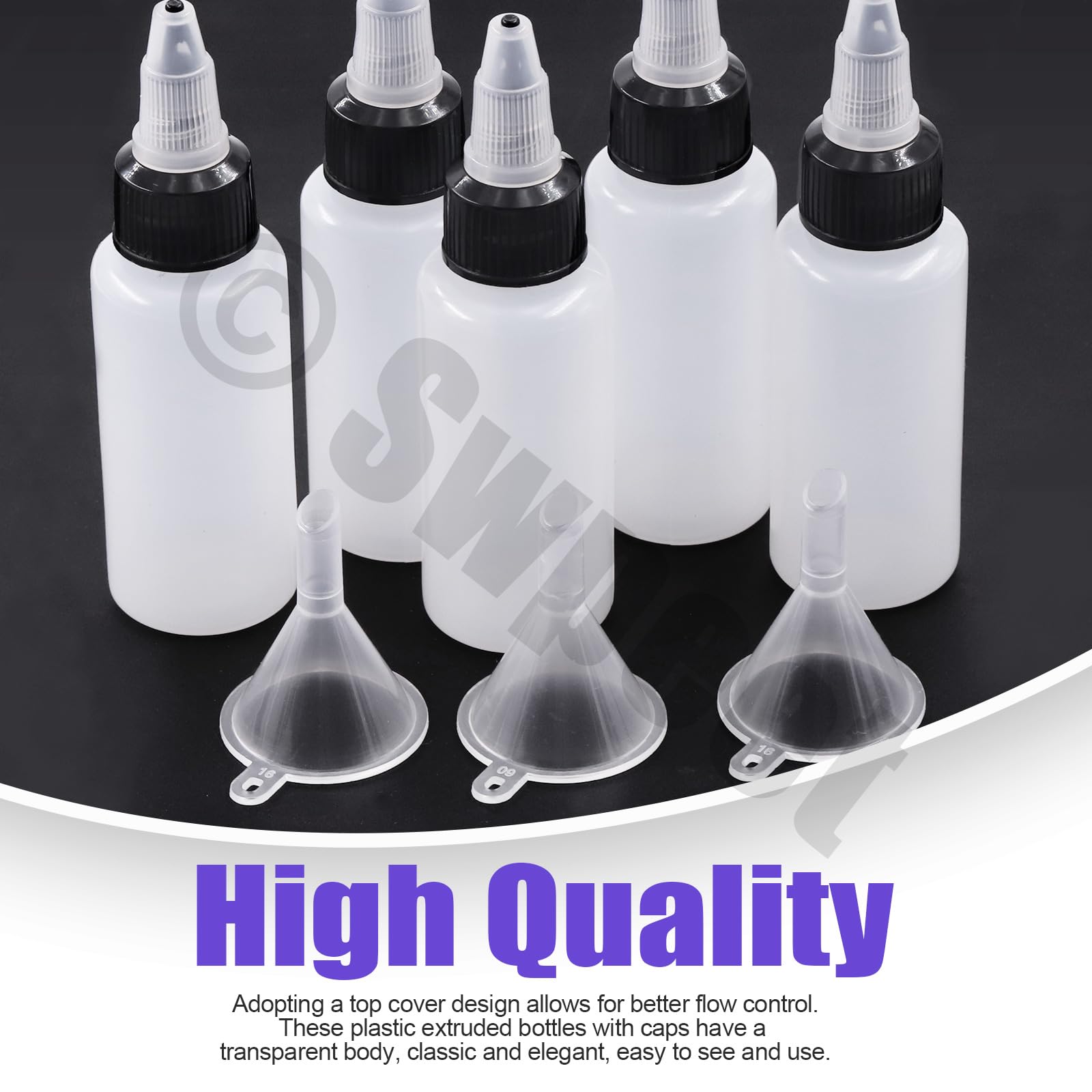 Swpeet 25 przezroczystych butelek z małymi lejkami, plastikowa butelka Boston LDPE o pojemności 30 ml, puste butelki z zakrętką Twist Top Cap do płynów z tuszem, z tworzywa sztucznego