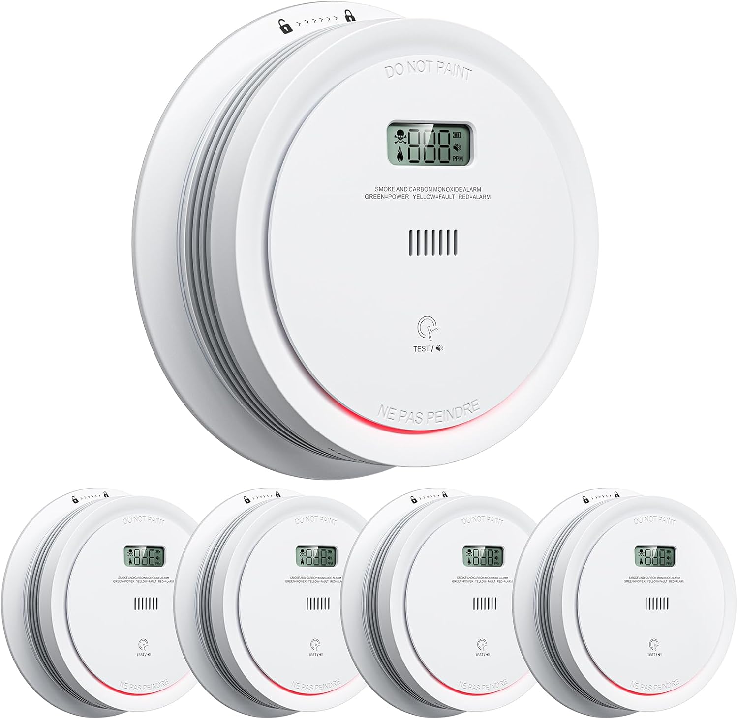 Smoke Detector Carbon Monoxide Detector Combo Battery Powered, 2 in 1 Fire & CO Alarm with LCD Display,Smoke Alarm Co Detector with Test/Silence Button for Home, 5packs Standalone Model 5 Pack