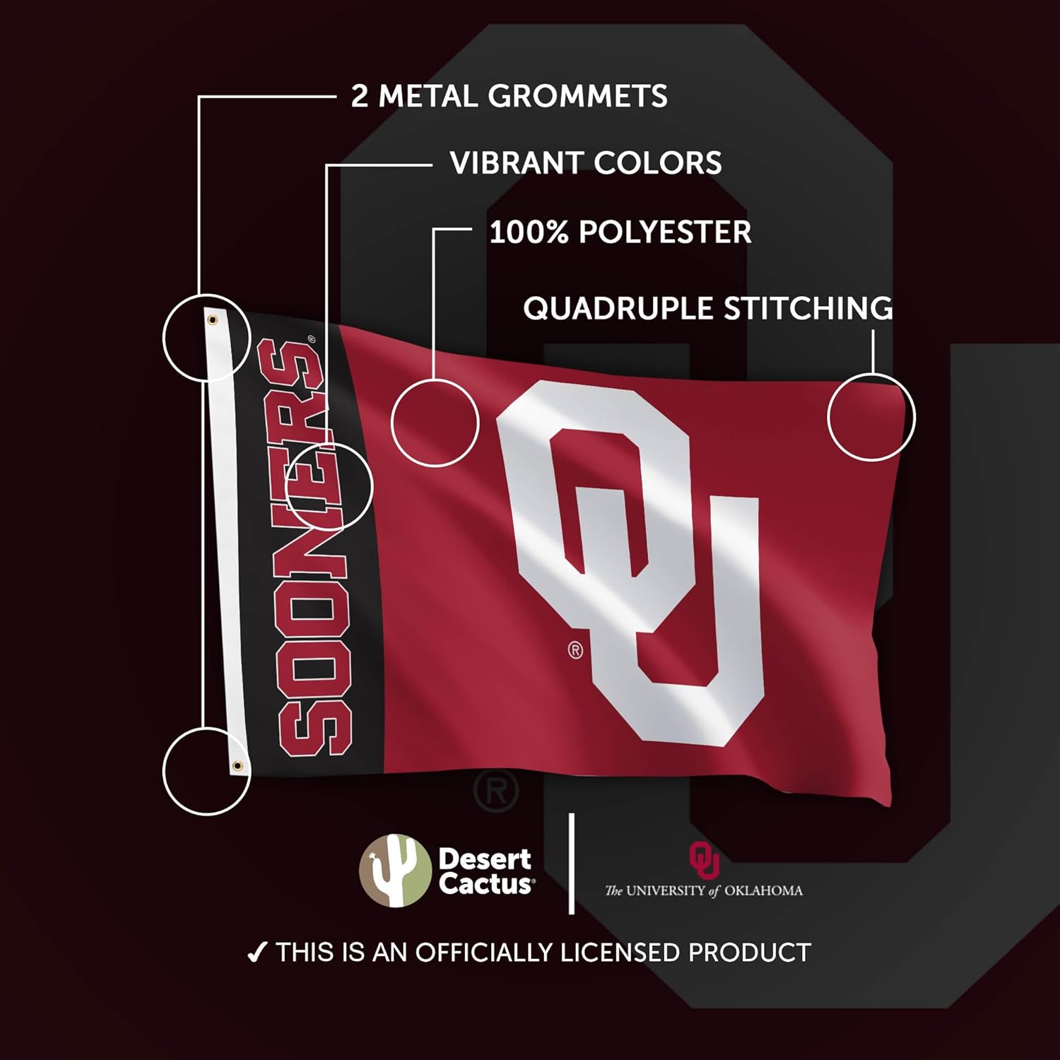 Desert Cactus University of Oklahoma Flag Sooners Banners 100% Polyester Indoor Outdoor 3x5 feet Flags (Team Name) - Image 4