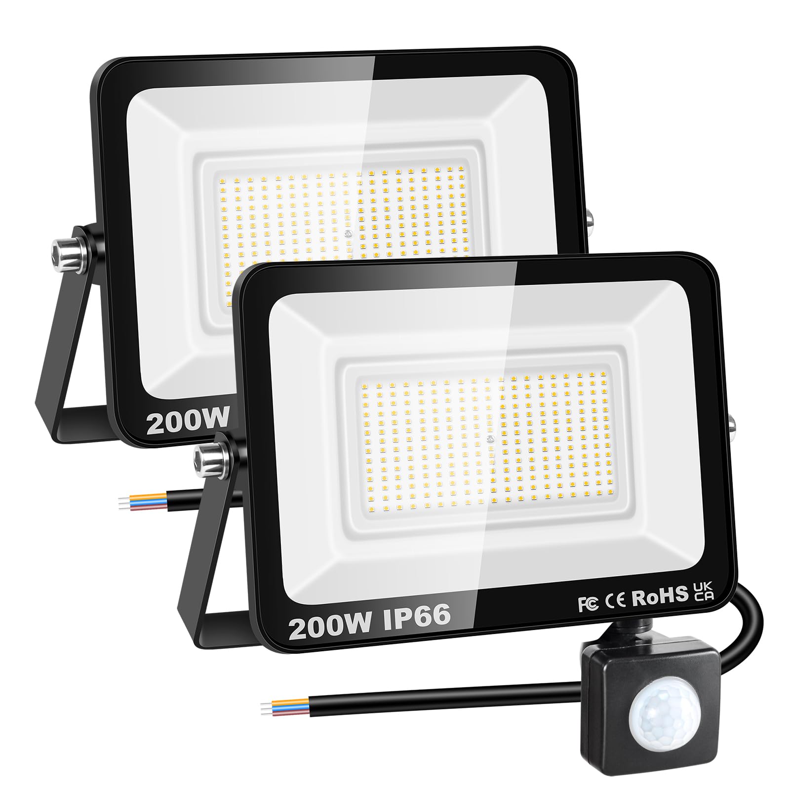 RIGIDON 2x 200W PIR aussenleuchte bewegungsmelder led strahler, außen lampe | ohne stecker, 20000lm, 3000K warmweiß, wasserdicht, led flutlicht, außenleuchte, für garten garage innenhöfe carport hauswand