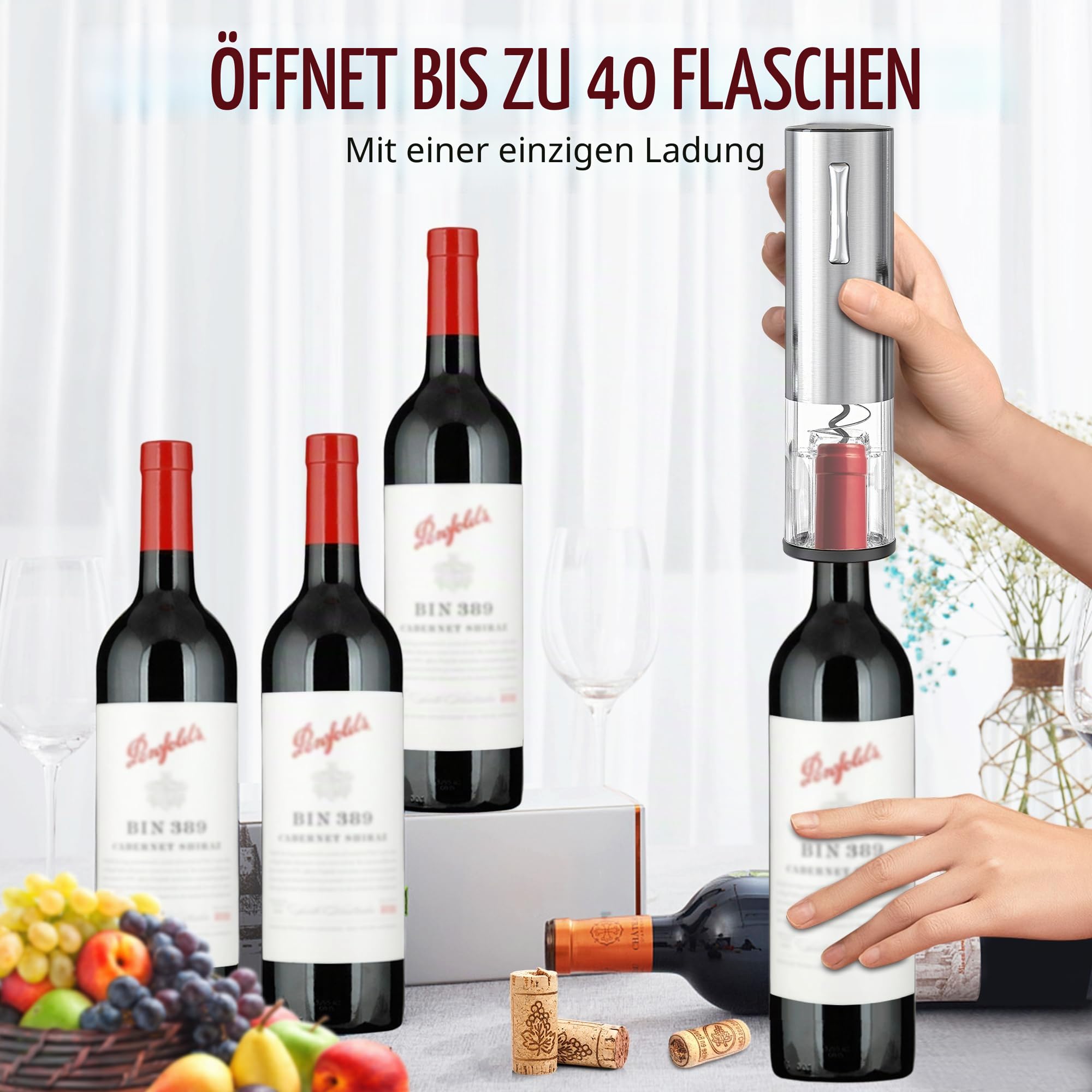 Electric Wine Bottle Opener Set Rechargeable Stainless Steel, 4 in 1 Automatic Electric Corkscrew, Automatic Electric Wine Aerator, Foil Cutter and Vacuum Stopper, Gifts for Wine Lovers