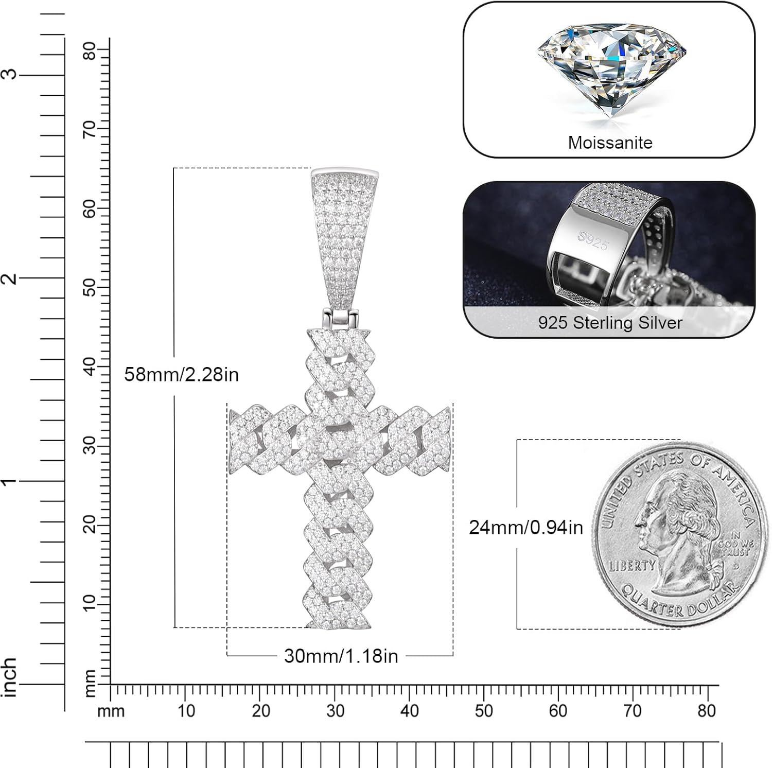 Moissanite Cross Necklace 2.7 Carat Iced Out Moissanite Cross Pendant 925 Sterling Silver Cross Chain Necklace D Color VVS1 18k Gold Plated Christian Pendant - Image 3