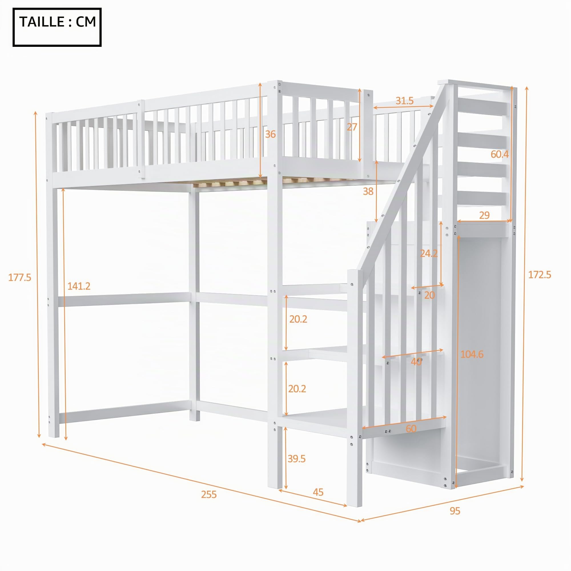 Zepneiy Lit Mezzanine 90x200cm, avec escalier, Armoire Simple avec étagère de Rangement, lit Enfant en Bois, Blanc (Matelas Non Inclus)