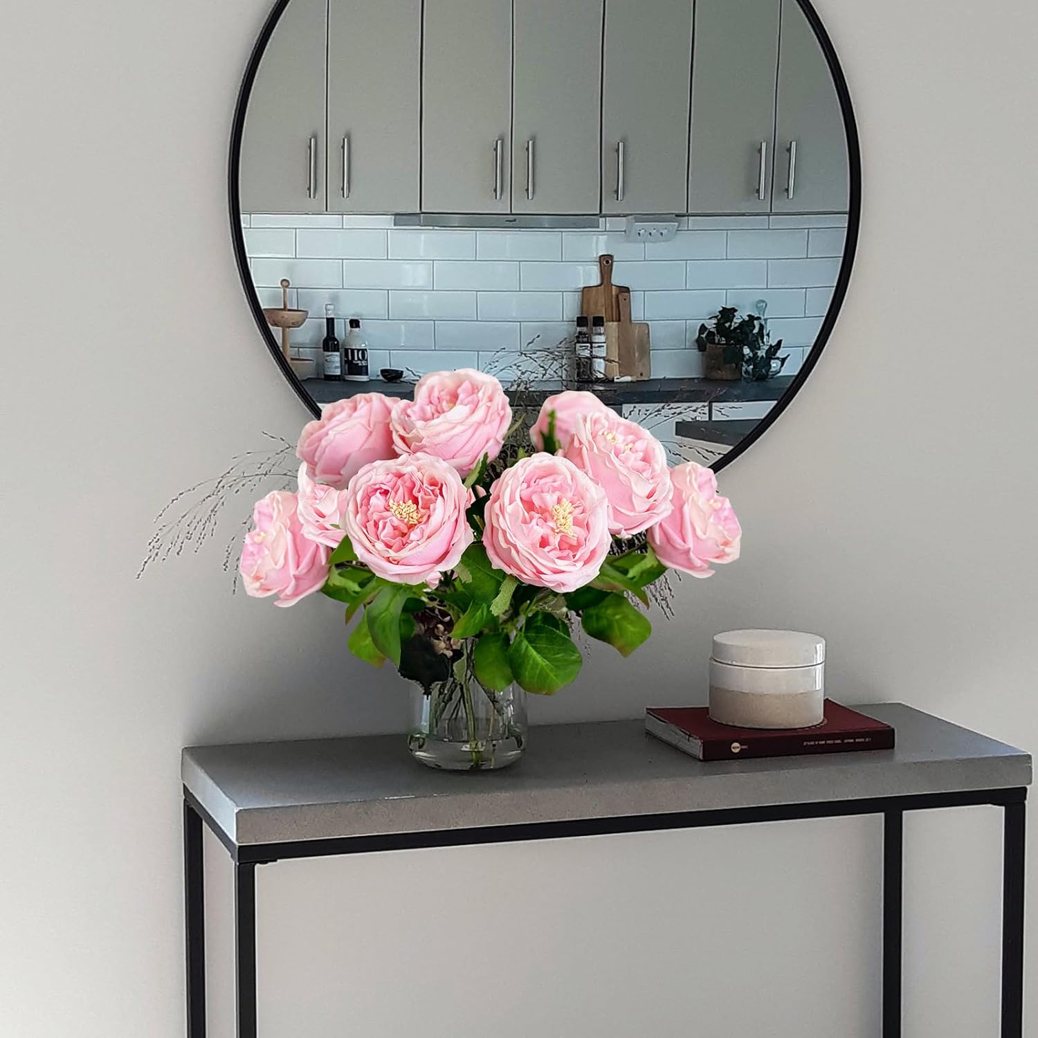 YalzoneMet 3.5'' Big Bloom Rose Artificial Flowers Light Pink 4Pcs Real Touch Rose Faux 17.7 Inch Long Stem Austen Roses Peonies Fake Flowers for Home Kitchen Party Christmas Flower Wedding Decor - Image 6