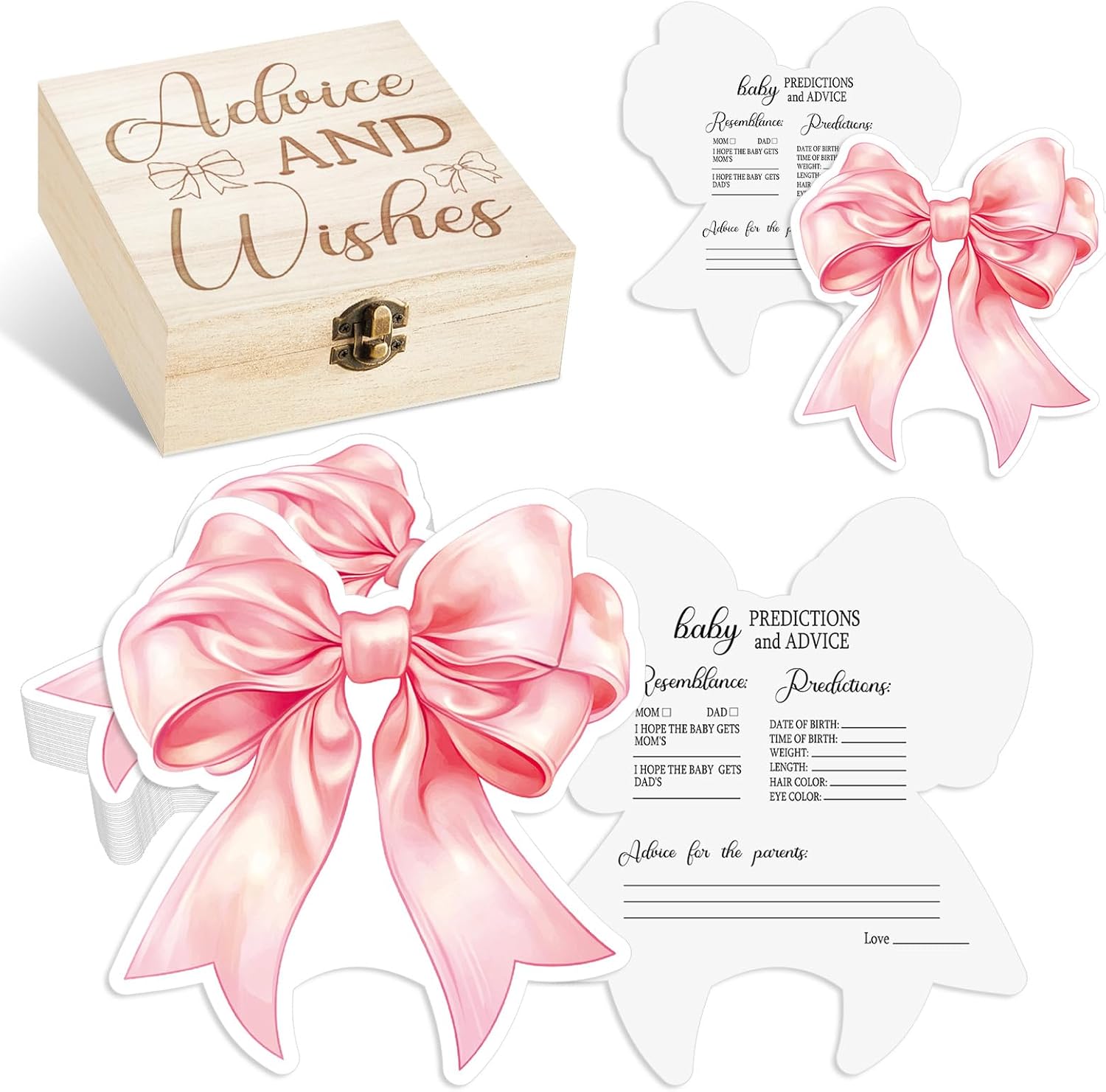 50 Pcs Double Side Pink Bow Baby Prediction and Advice Game Cards Pink Bow Baby Shower Decoration with Wooden Keepsake Box for New Parents Gender Reveal Games Activities Party Supplies（Bow）